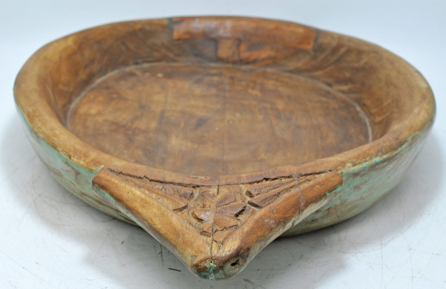Antique Wooden Dough Kneading Parat Bowl Original Old Hand Carved Blue