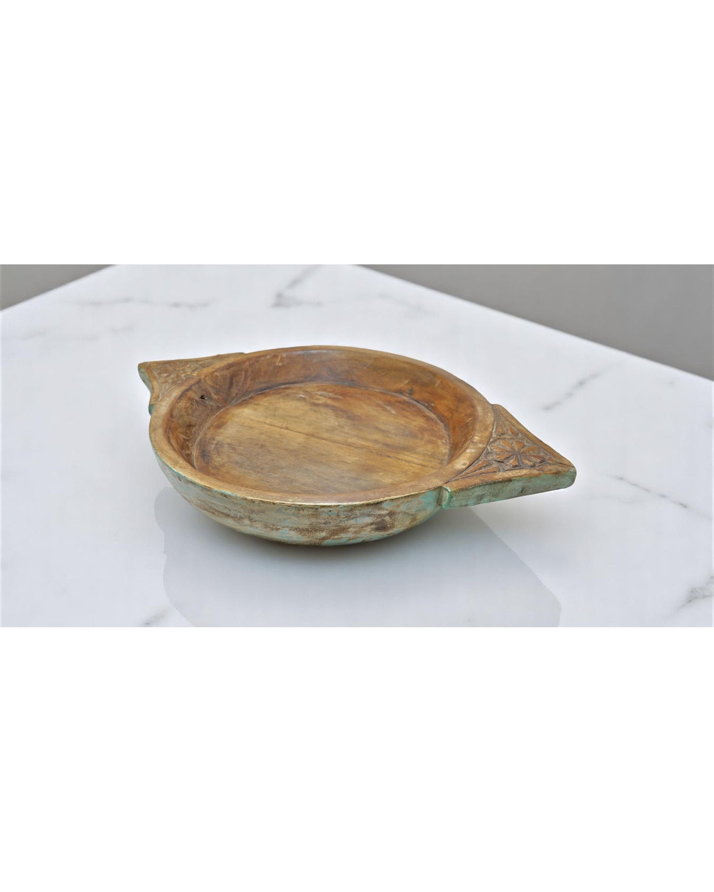 Antique Wooden Dough Kneading Parat Bowl Original Old Hand Carved Blue