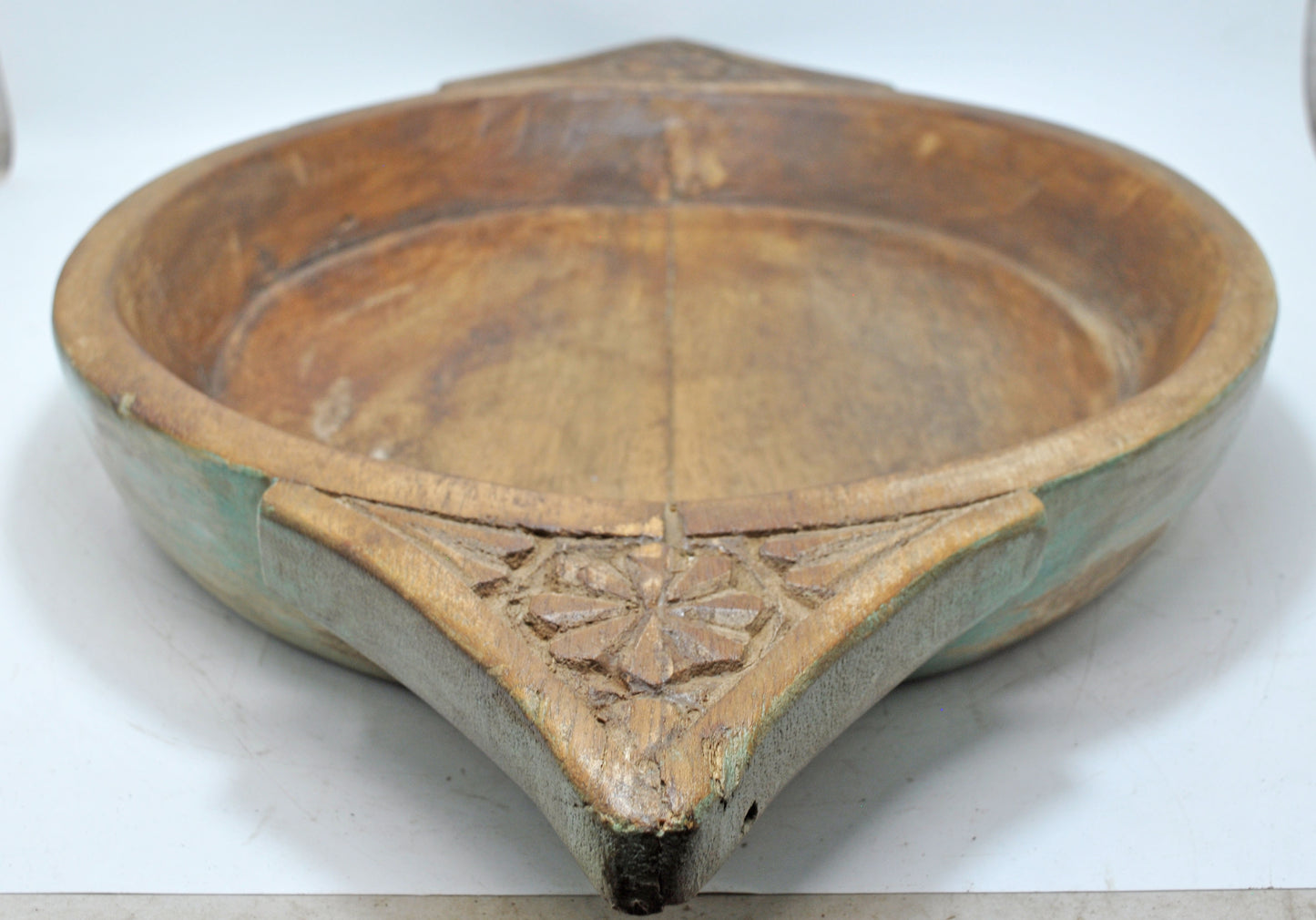 Antique Wooden Dough Kneading Parat Bowl Original Old Hand Carved Blue