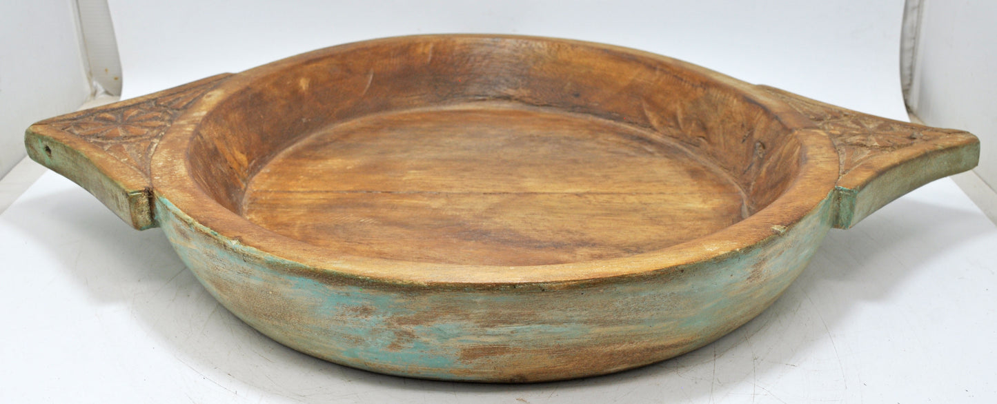 Antique Wooden Dough Kneading Parat Bowl Original Old Hand Carved Blue