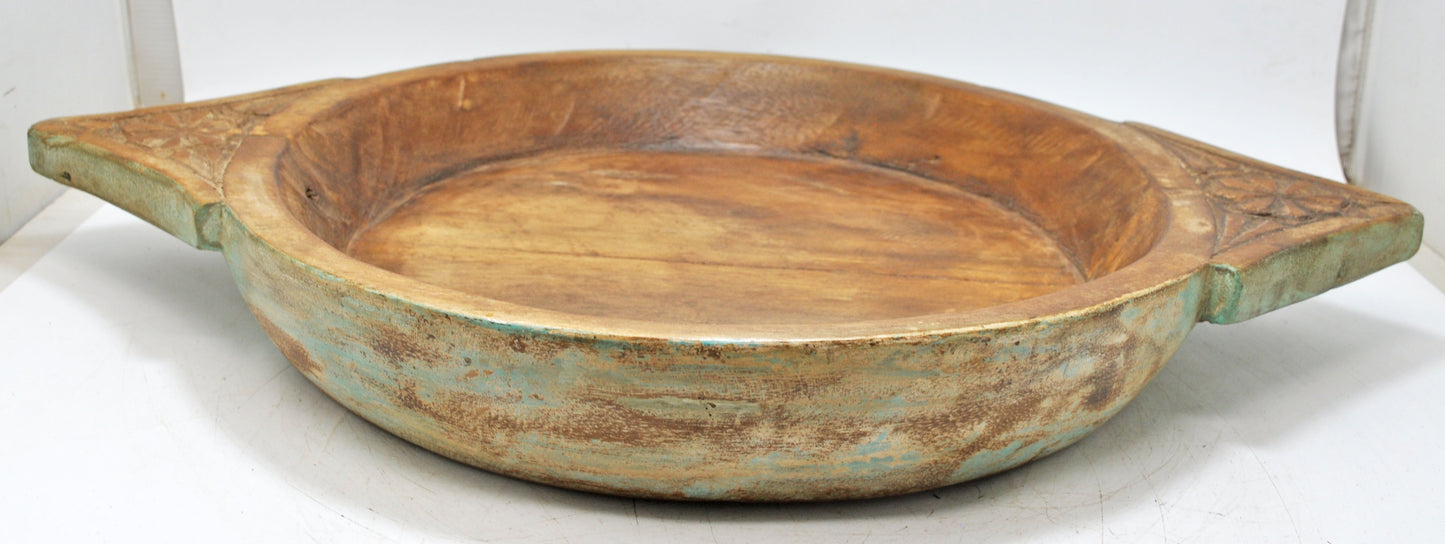 Antique Wooden Dough Kneading Parat Bowl Original Old Hand Carved Blue