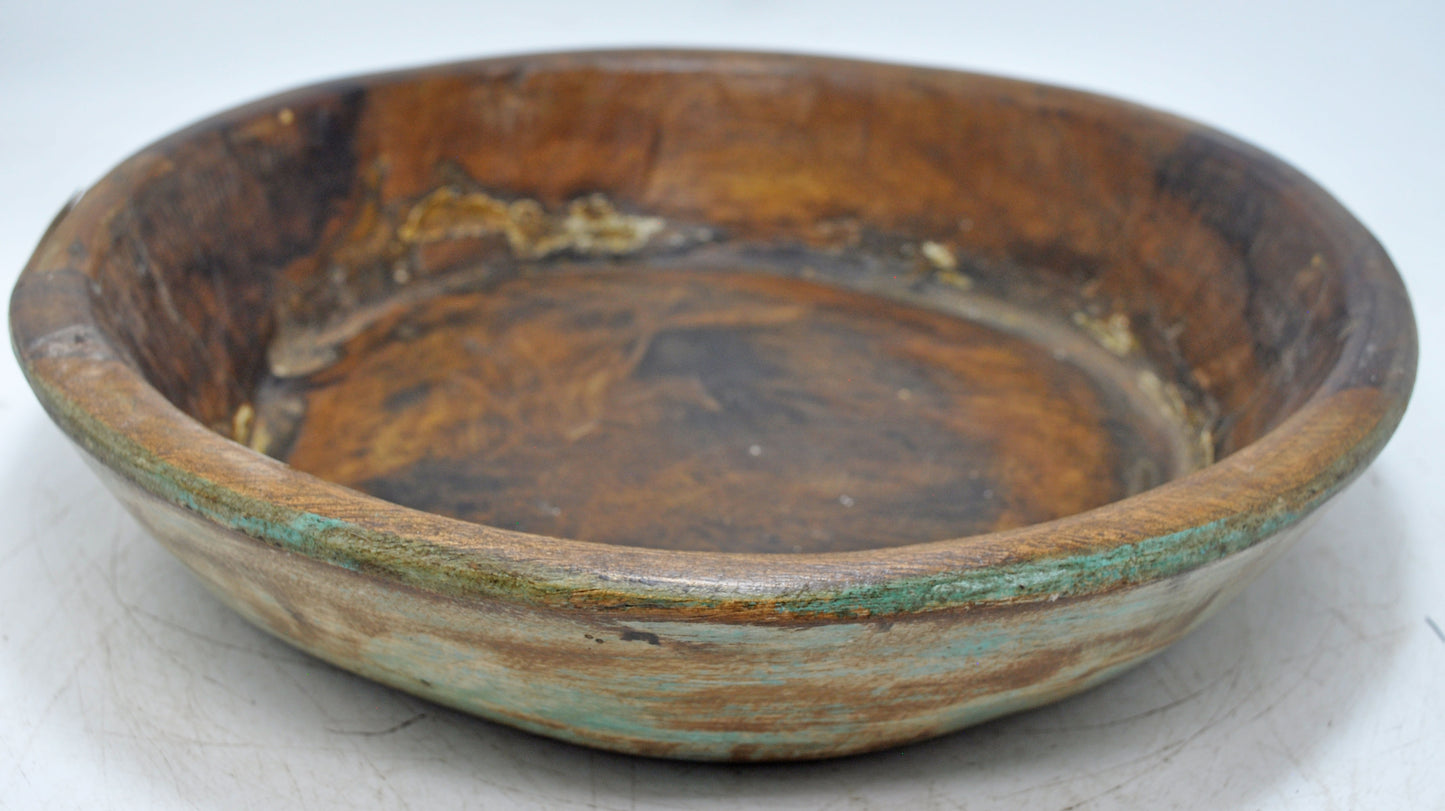 Antique Wooden Dough Kneading Parat Bowl Original Old Hand Carved Blue