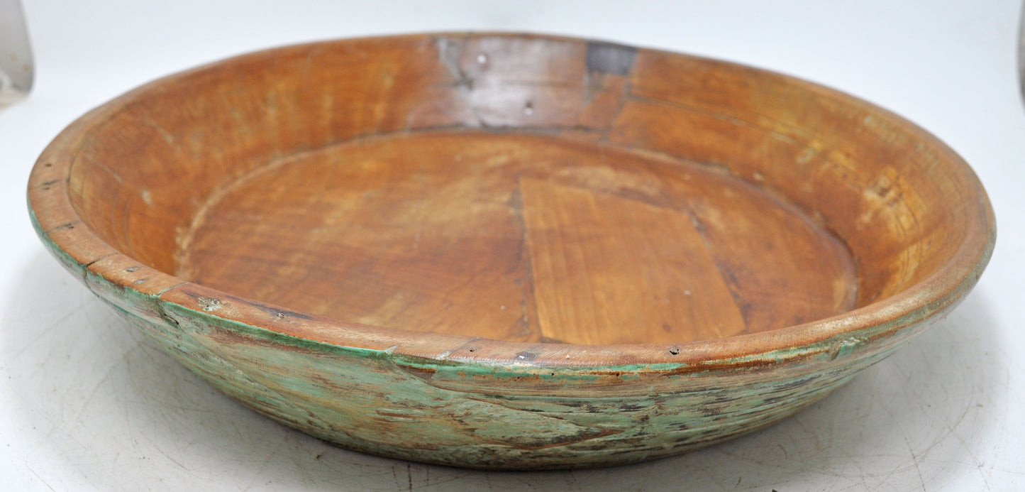 Antique Wooden Dough Kneading Parat Bowl Original Old Hand Carved Green