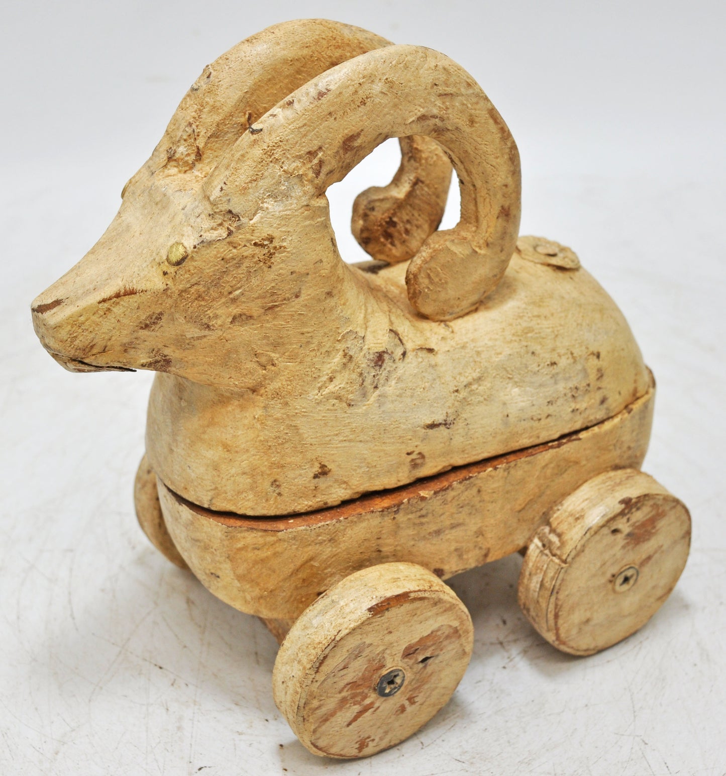 Vintage Wooden Goat Ram Figurine on Wheels Original Old Hand Carved