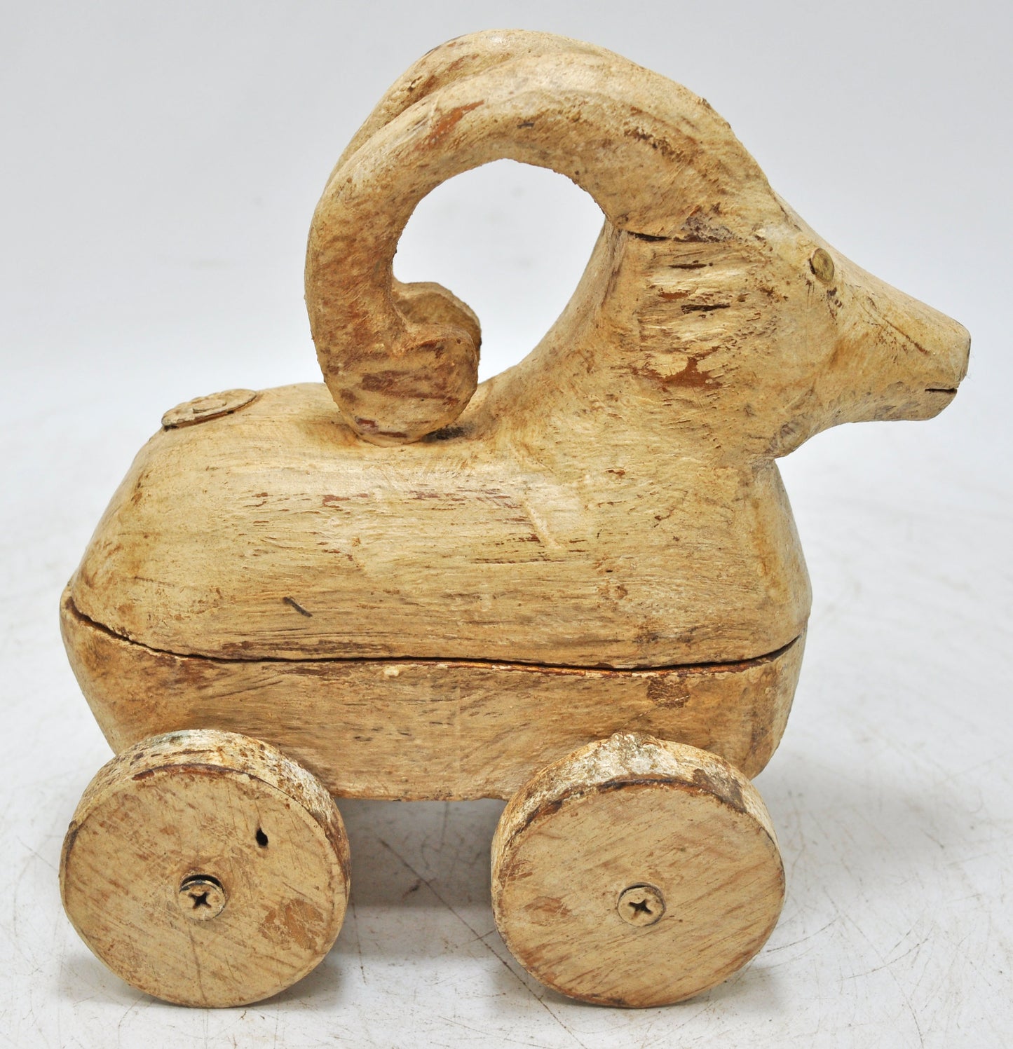 Vintage Wooden Goat Ram Figurine on Wheels Original Old Hand Carved