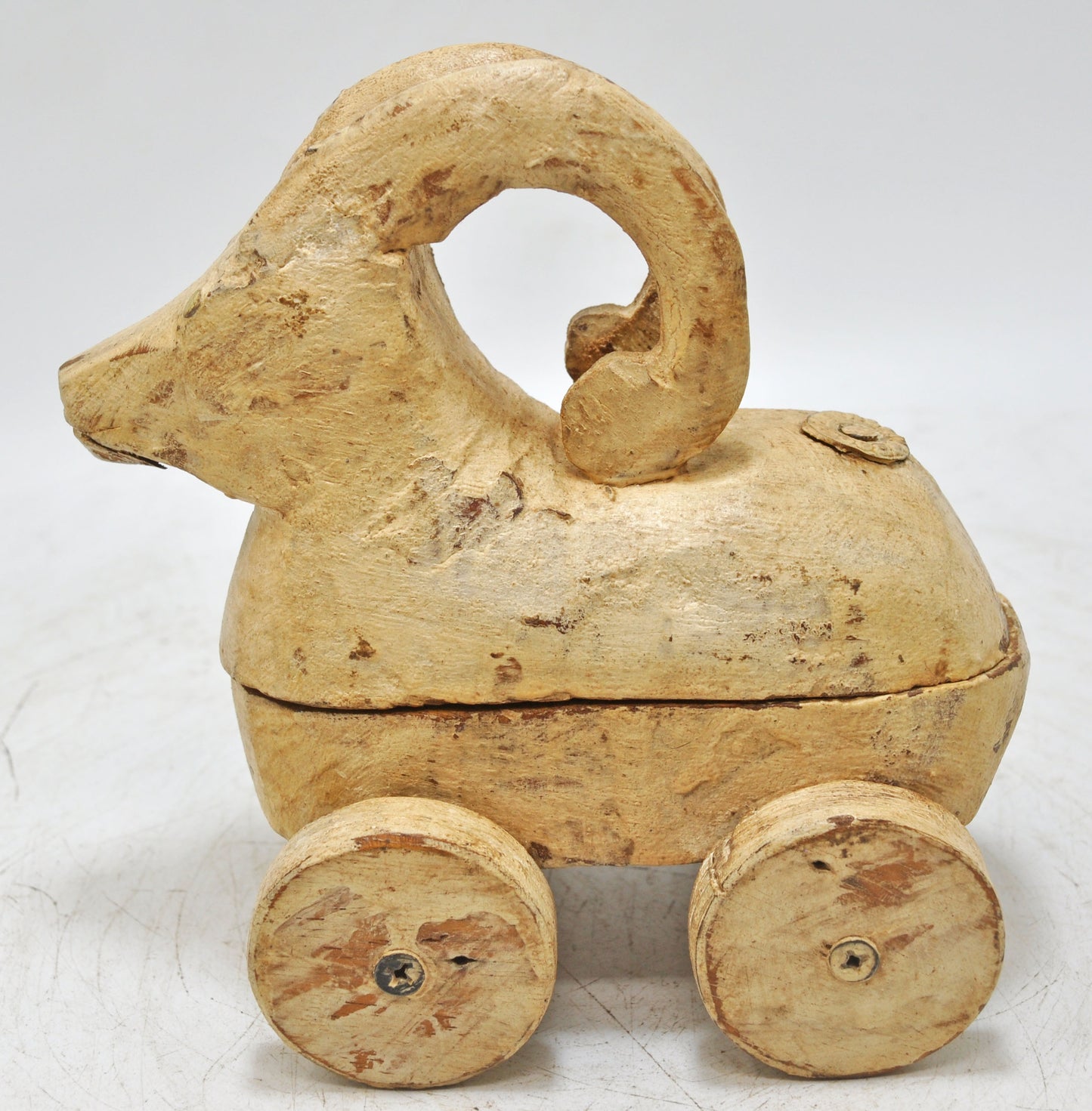 Vintage Wooden Goat Ram Figurine on Wheels Original Old Hand Carved