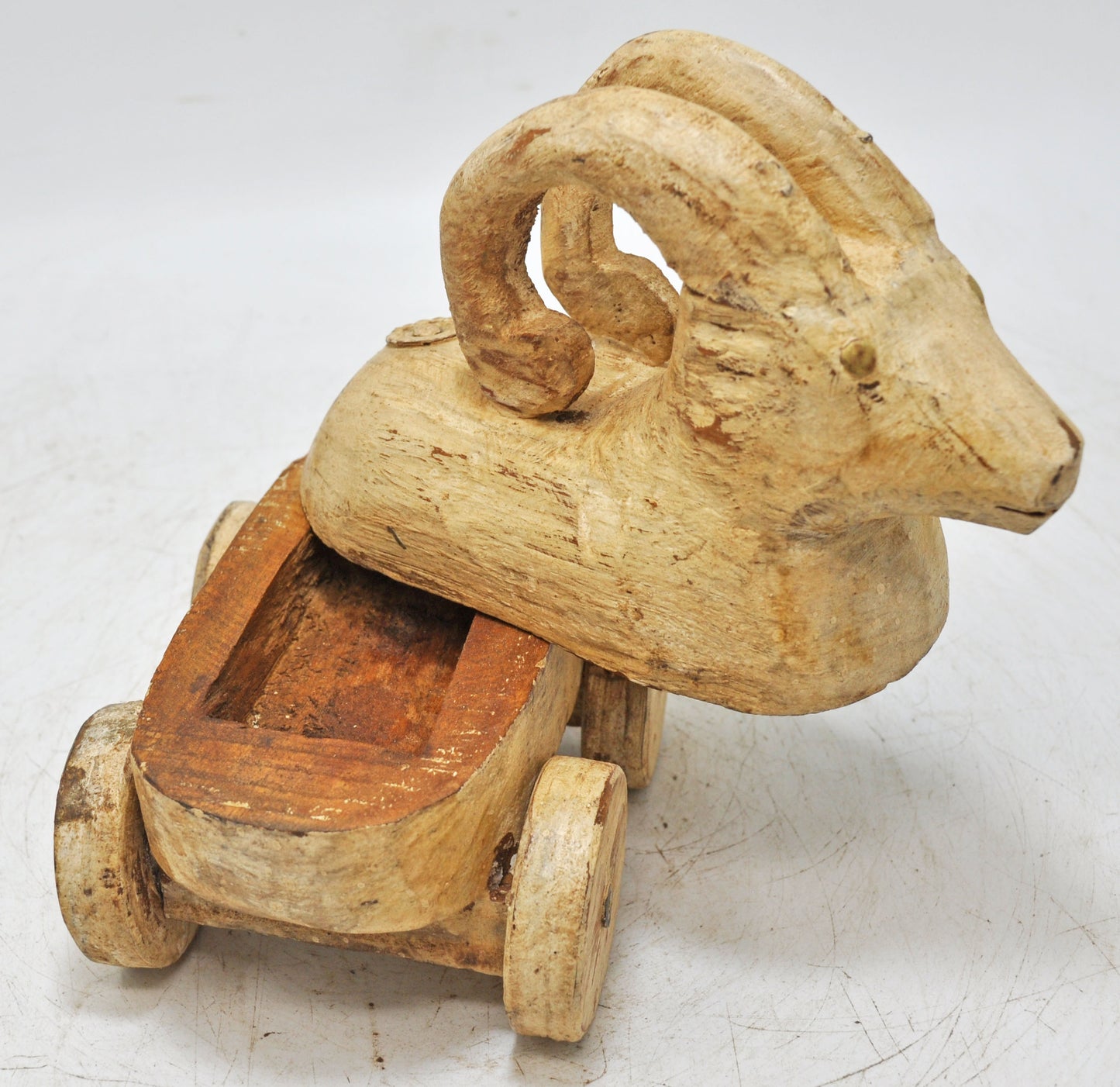 Vintage Wooden Goat Ram Figurine on Wheels Original Old Hand Carved