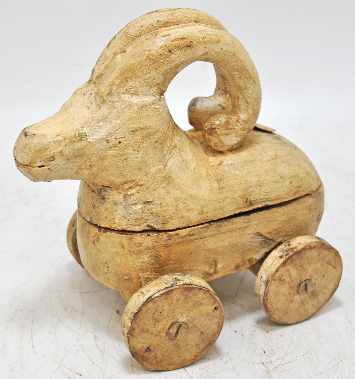 Vintage Wooden Goat Ram Figurine on Wheels Original Old Hand Carved