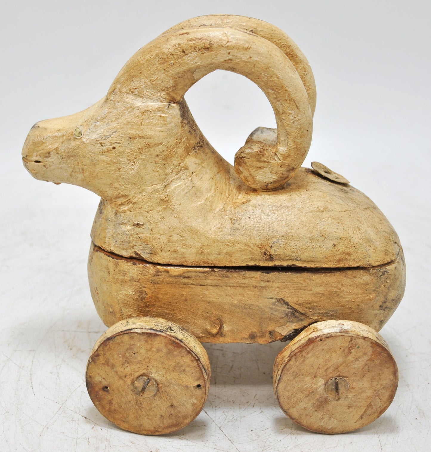 Vintage Wooden Goat Ram Figurine on Wheels Original Old Hand Carved