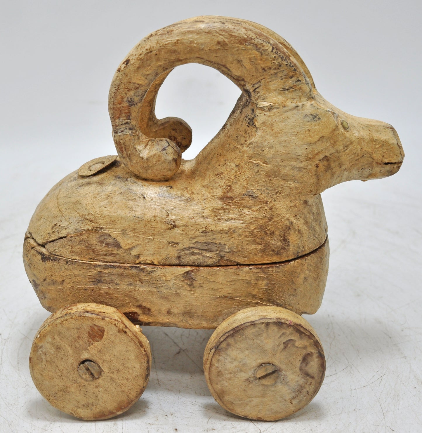 Vintage Wooden Goat Ram Figurine on Wheels Original Old Hand Carved