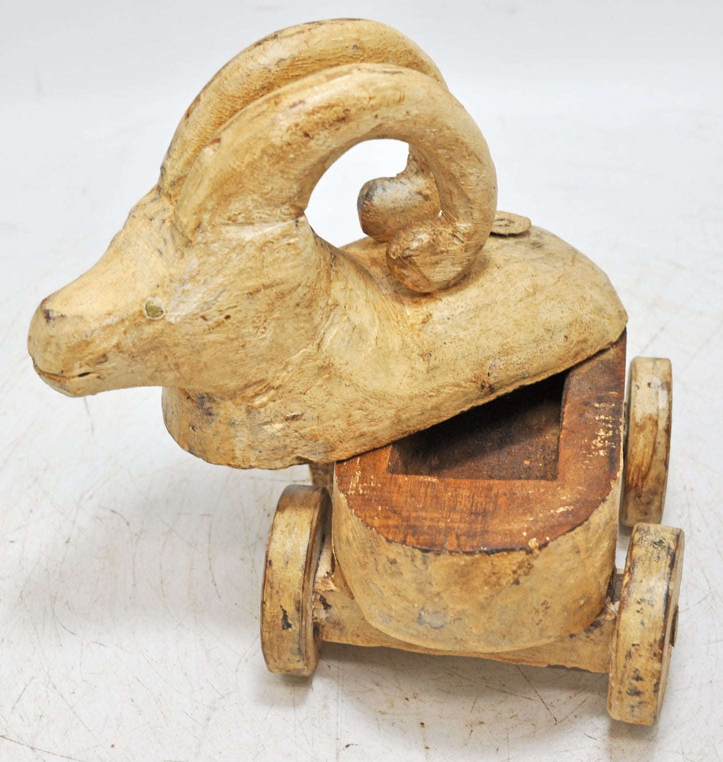 Vintage Wooden Goat Ram Figurine on Wheels Original Old Hand Carved