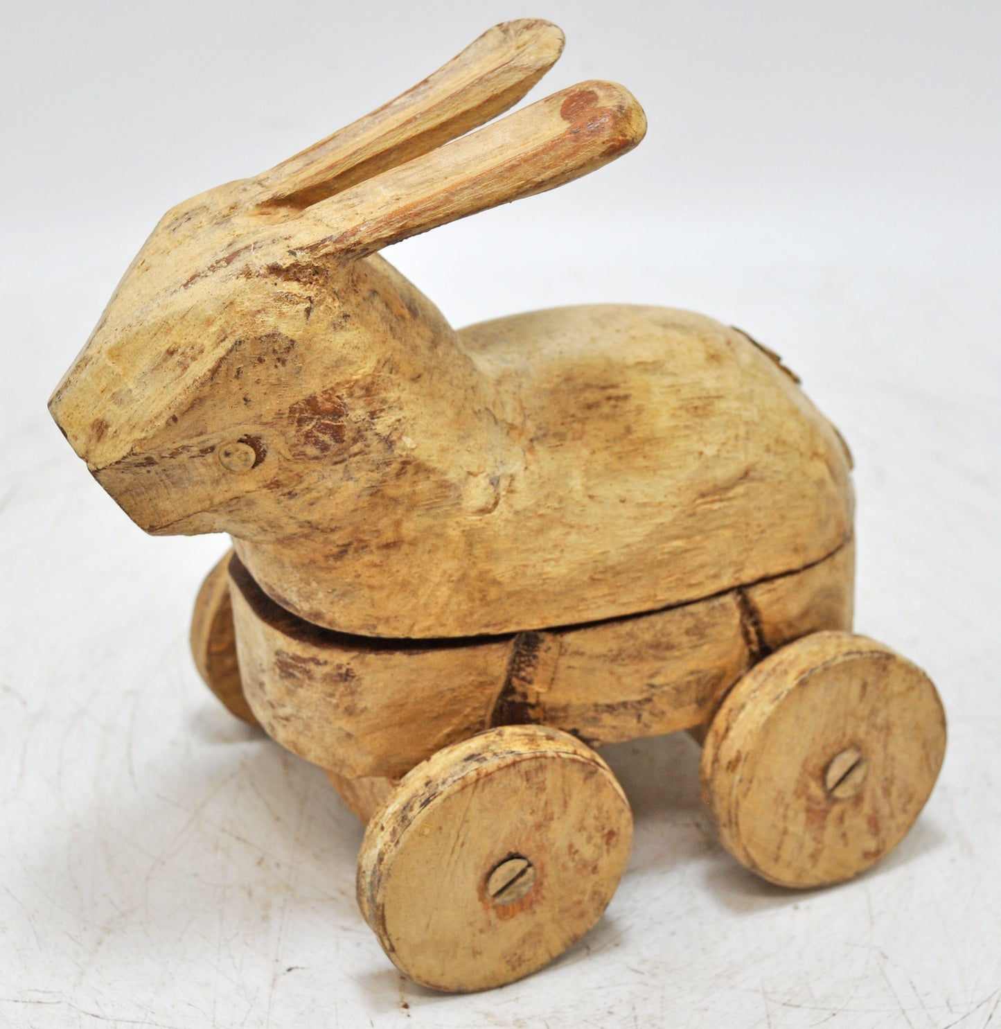 Vintage Wooden Rabbit Figurine on Wheels Original Old Hand Carved