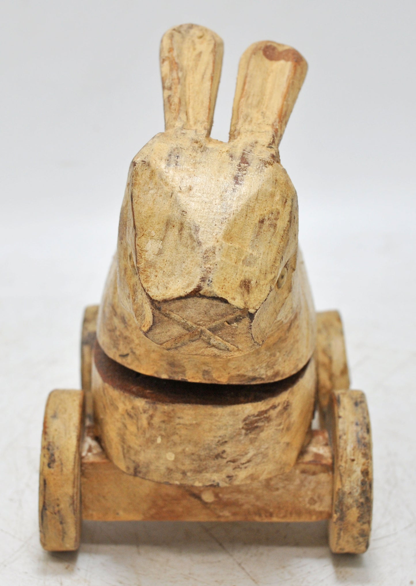 Vintage Wooden Rabbit Figurine on Wheels Original Old Hand Carved