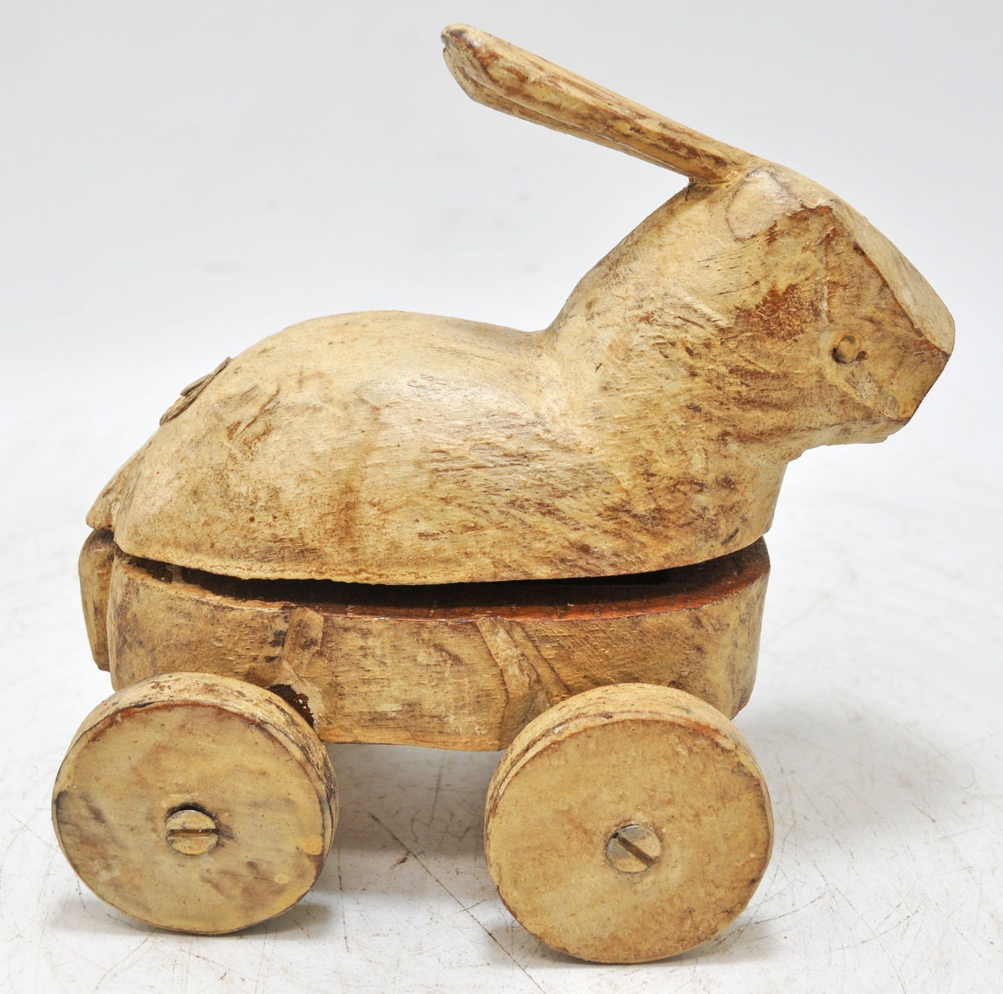 Vintage Wooden Rabbit Figurine on Wheels Original Old Hand Carved