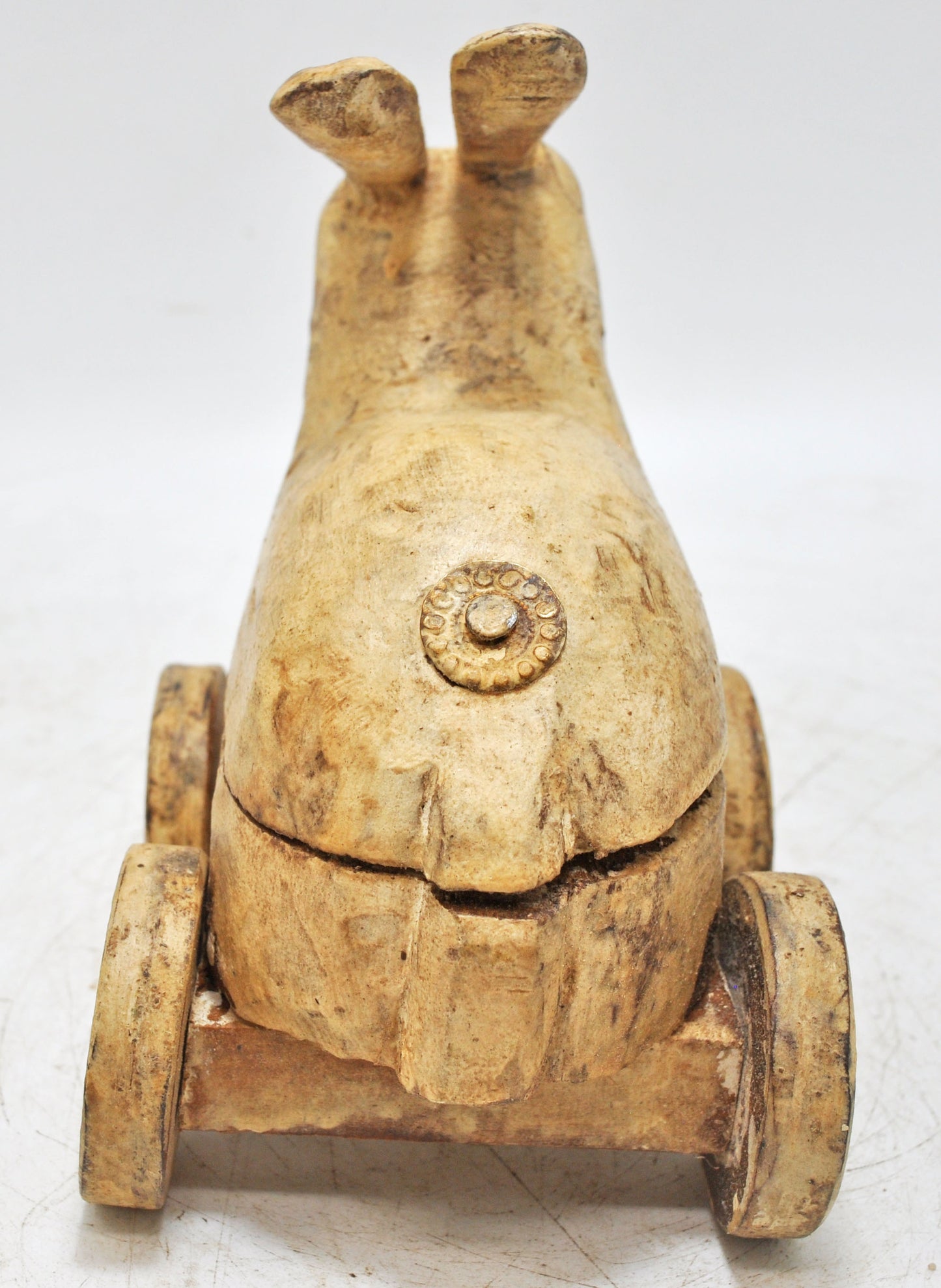 Vintage Wooden Rabbit Figurine on Wheels Original Old Hand Carved