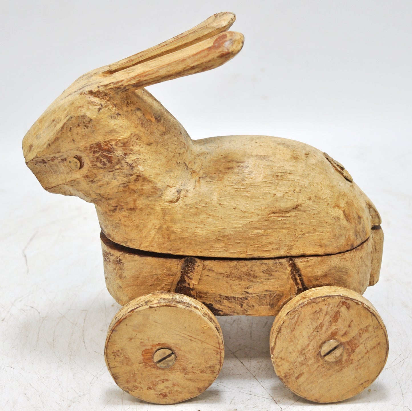 Vintage Wooden Rabbit Figurine on Wheels Original Old Hand Carved