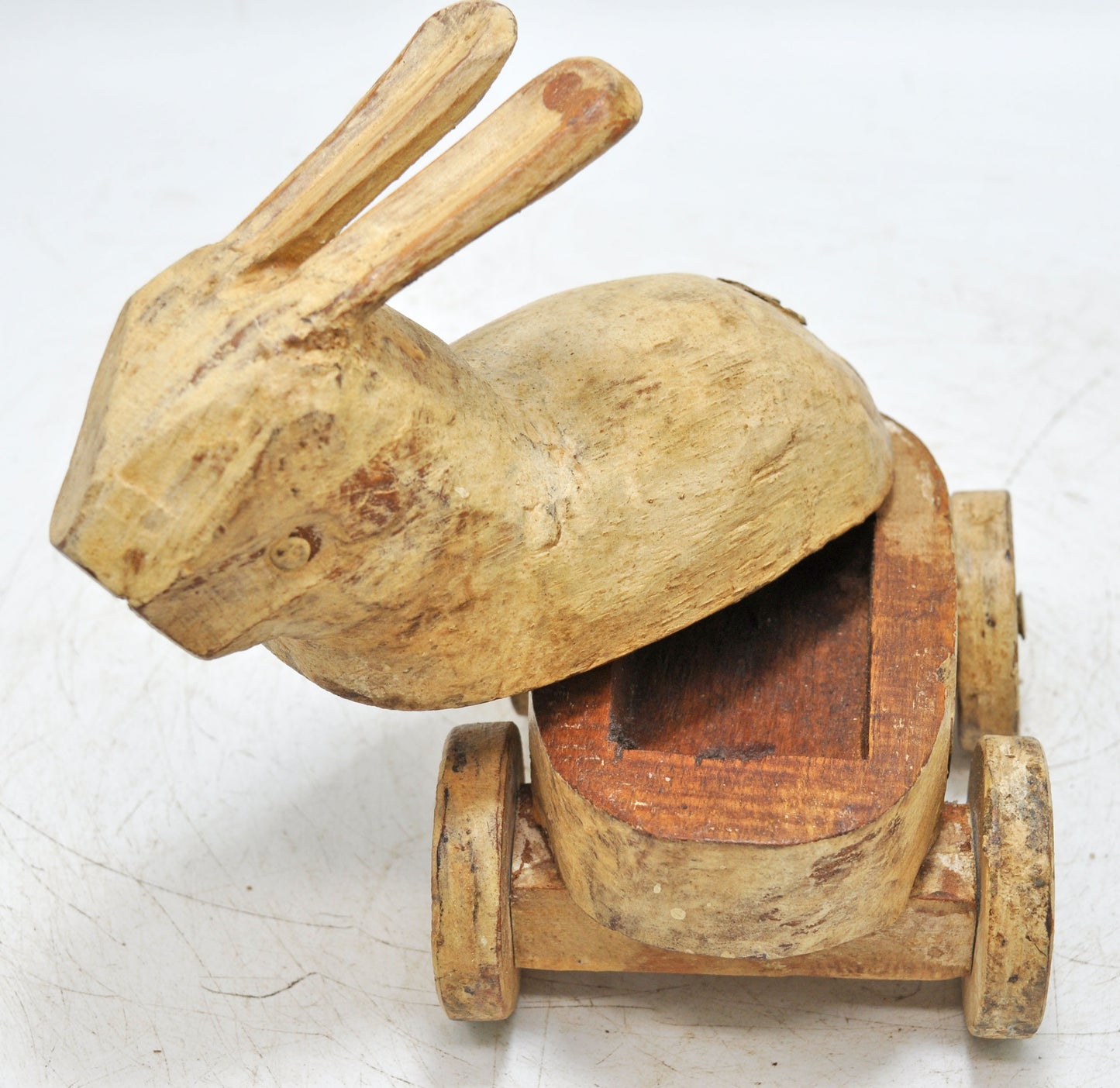 Vintage Wooden Rabbit Figurine on Wheels Original Old Hand Carved
