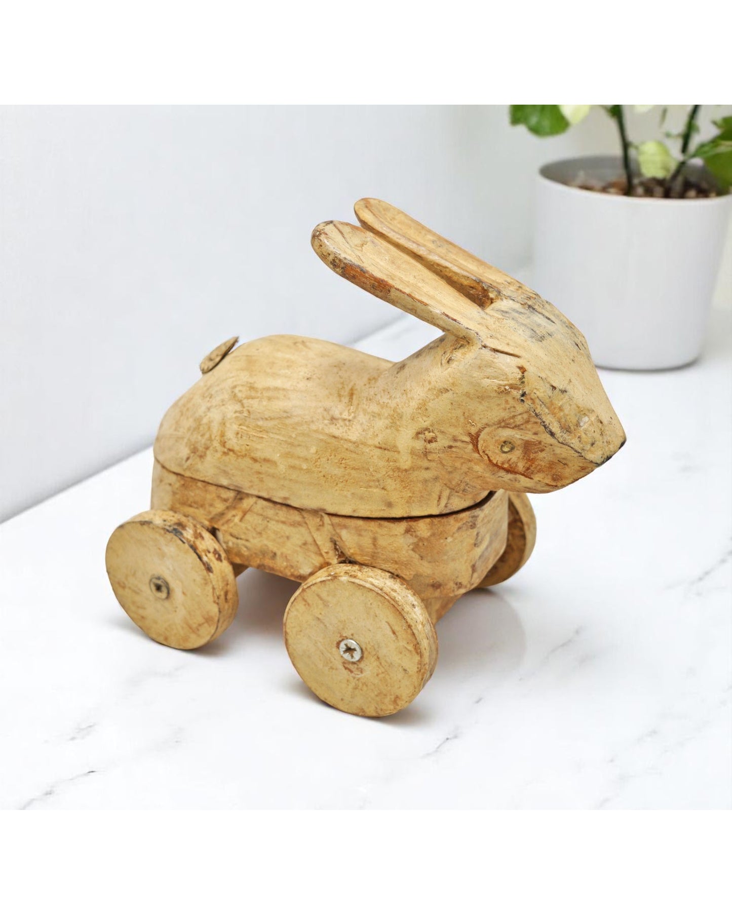 Vintage Wooden Rabbit Figurine on Wheels Original Old Hand Carved