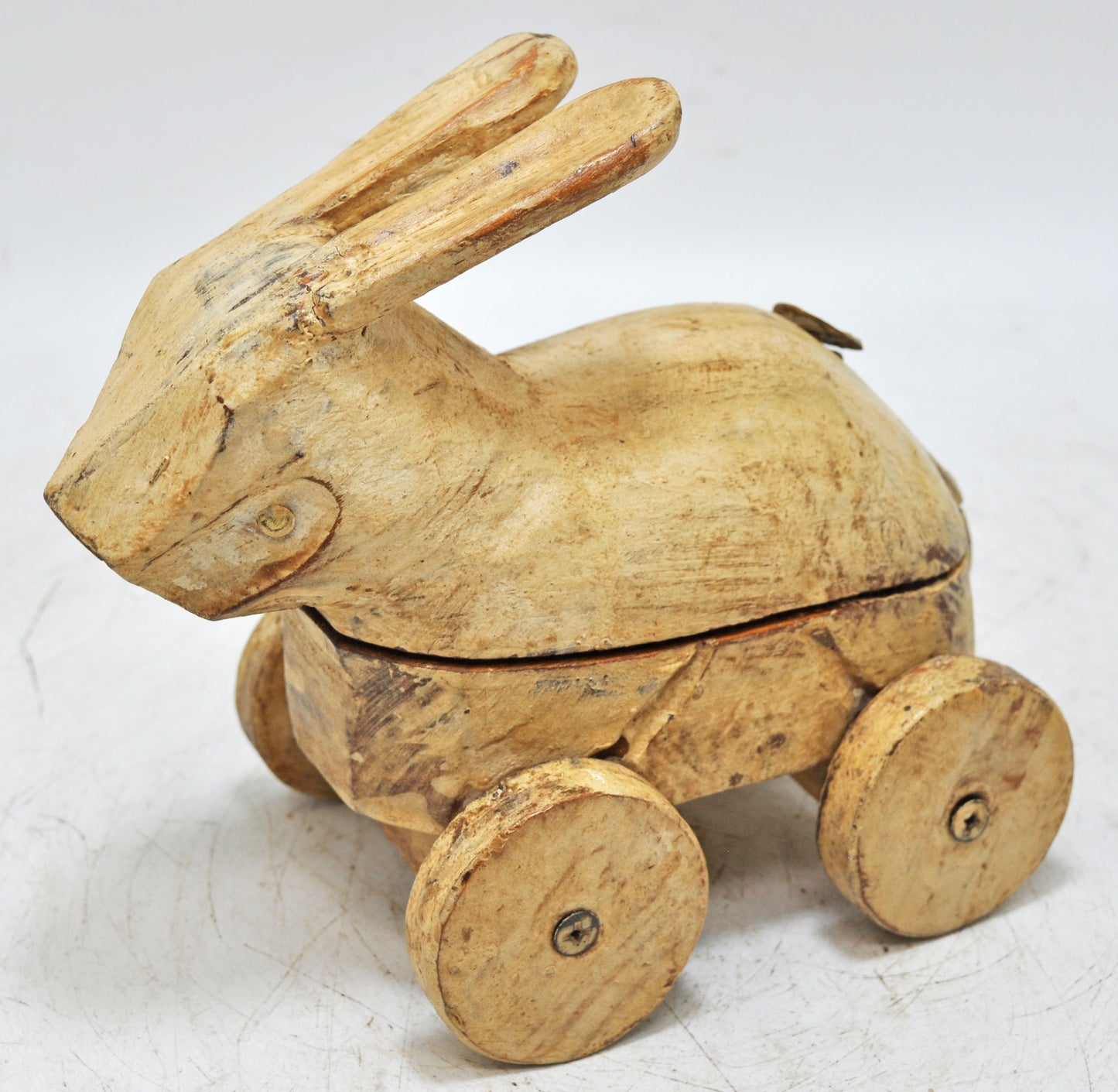 Vintage Wooden Rabbit Figurine on Wheels Original Old Hand Carved