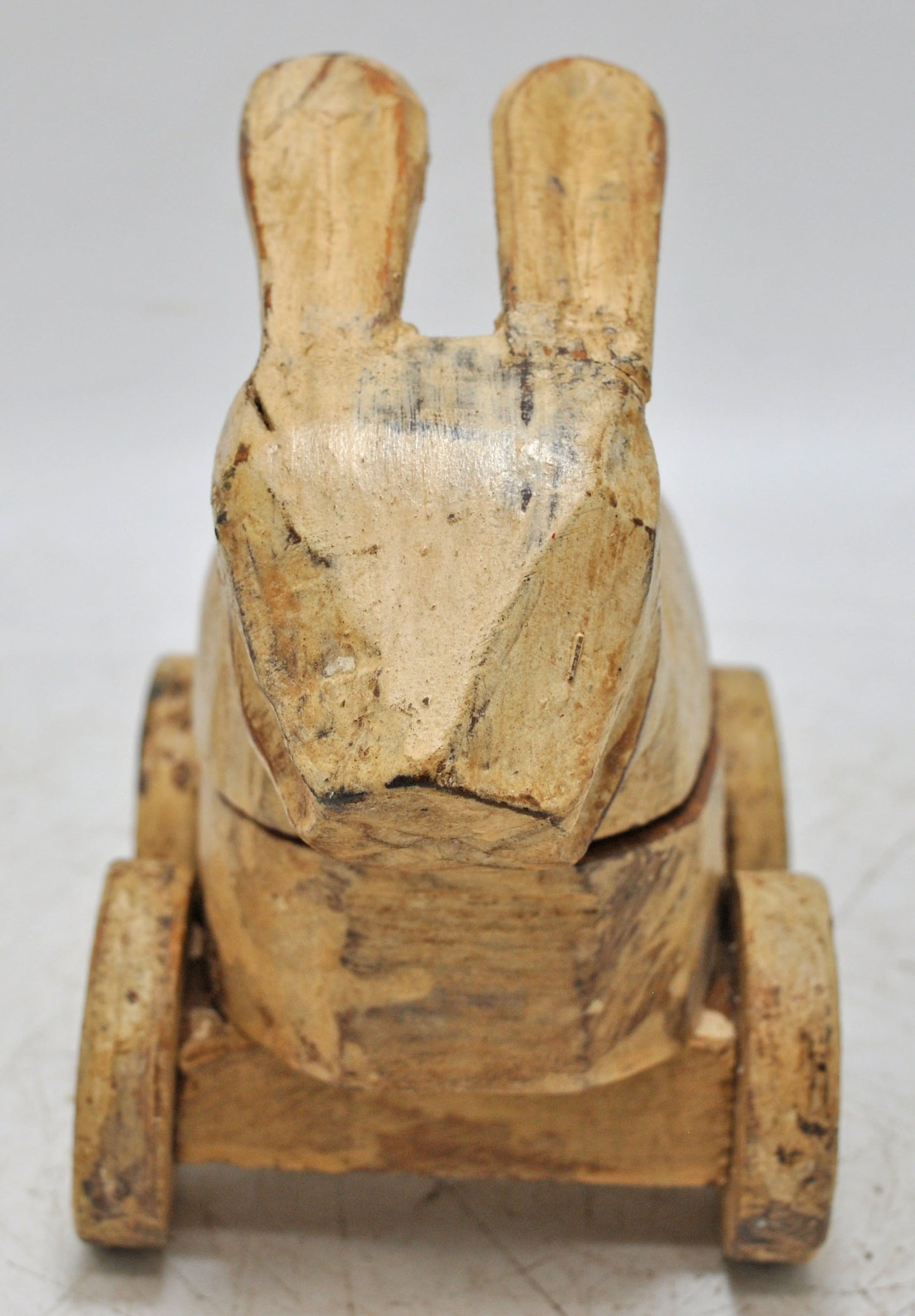 Vintage Wooden Rabbit Figurine on Wheels Original Old Hand Carved