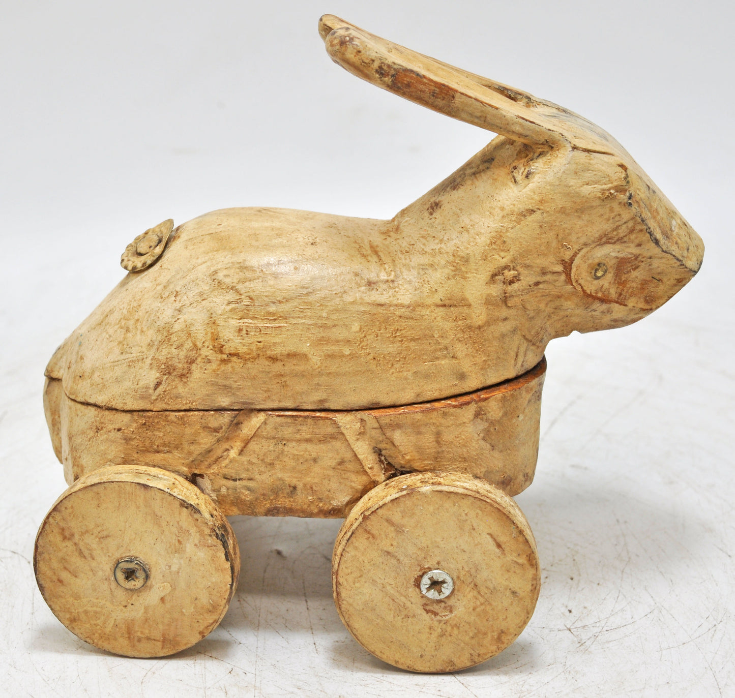 Vintage Wooden Rabbit Figurine on Wheels Original Old Hand Carved