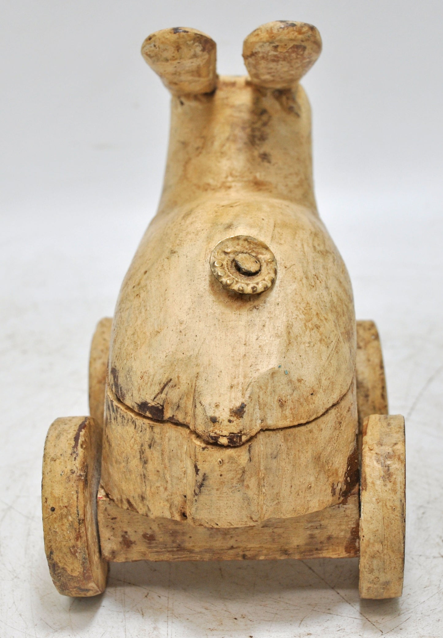 Vintage Wooden Rabbit Figurine on Wheels Original Old Hand Carved