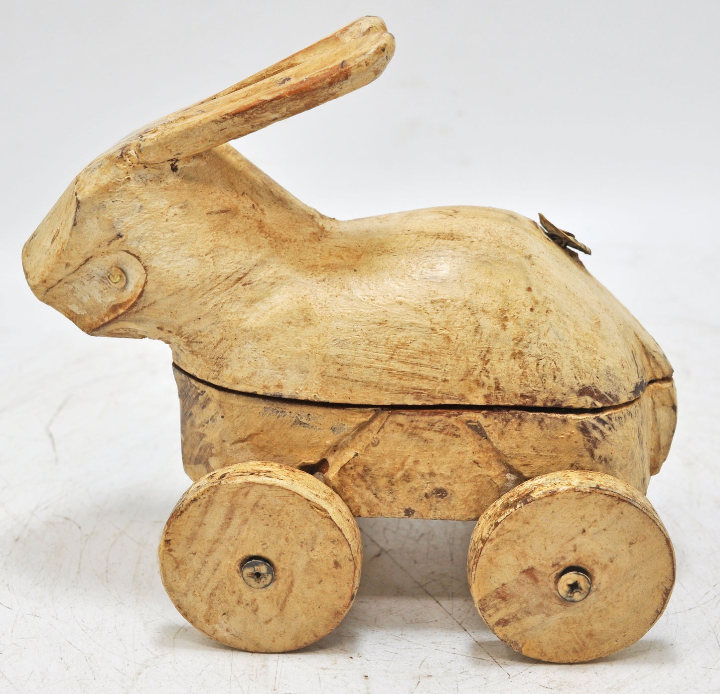 Vintage Wooden Rabbit Figurine on Wheels Original Old Hand Carved