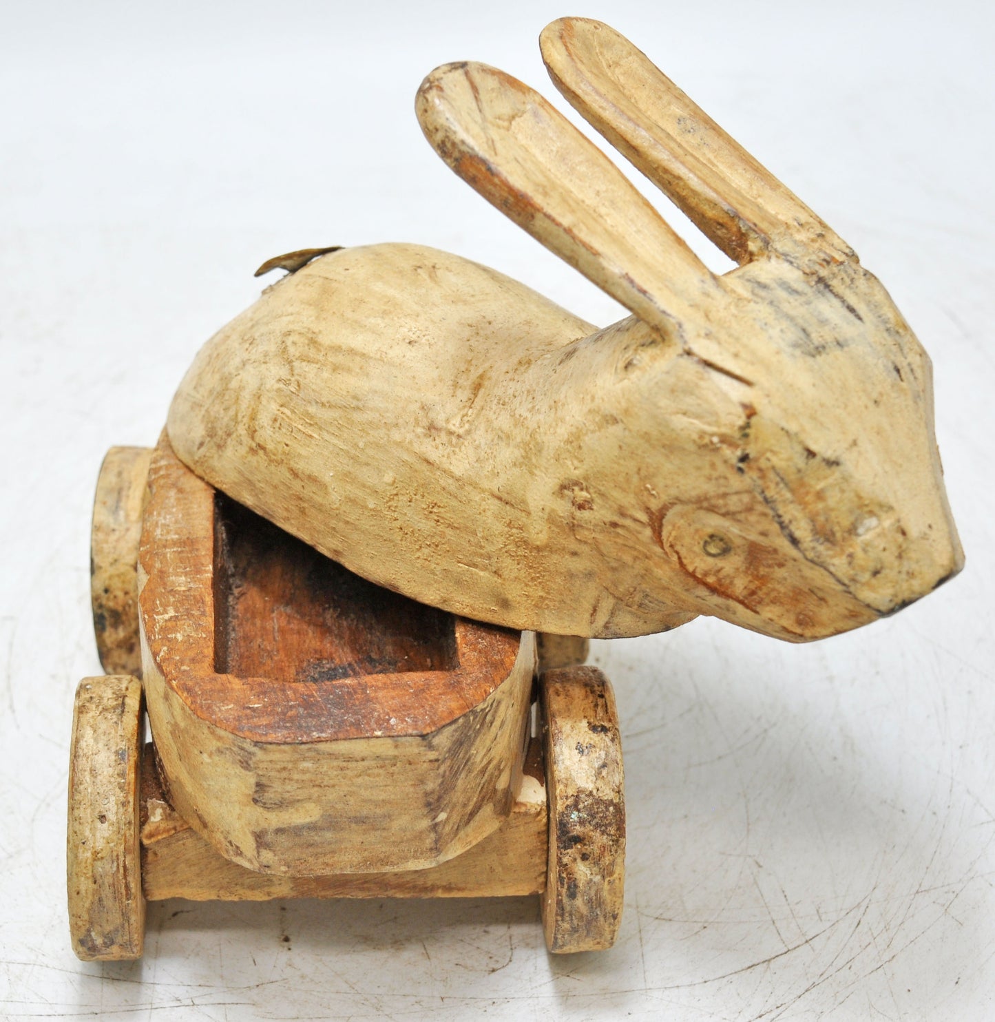 Vintage Wooden Rabbit Figurine on Wheels Original Old Hand Carved