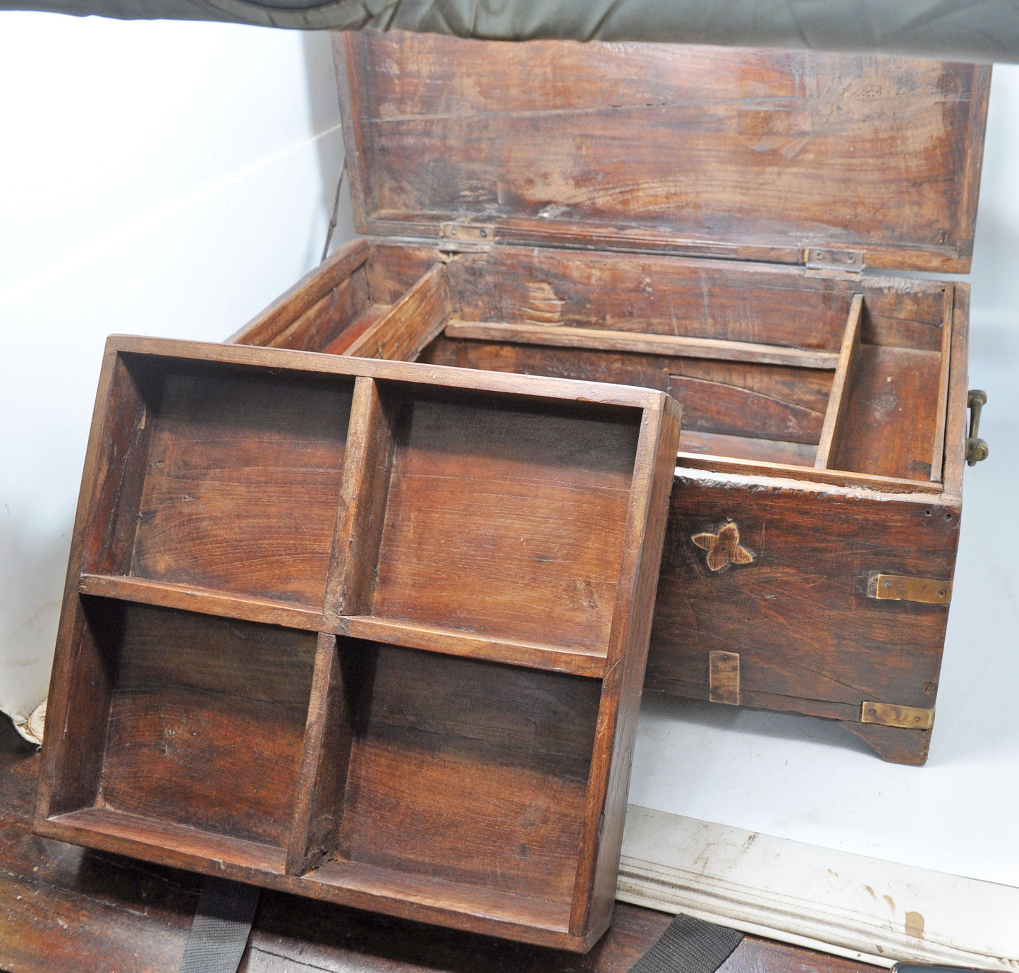 Antique Wooden Shopkeepers Money Cash Chest Box Original Old Fine Brass Fitted