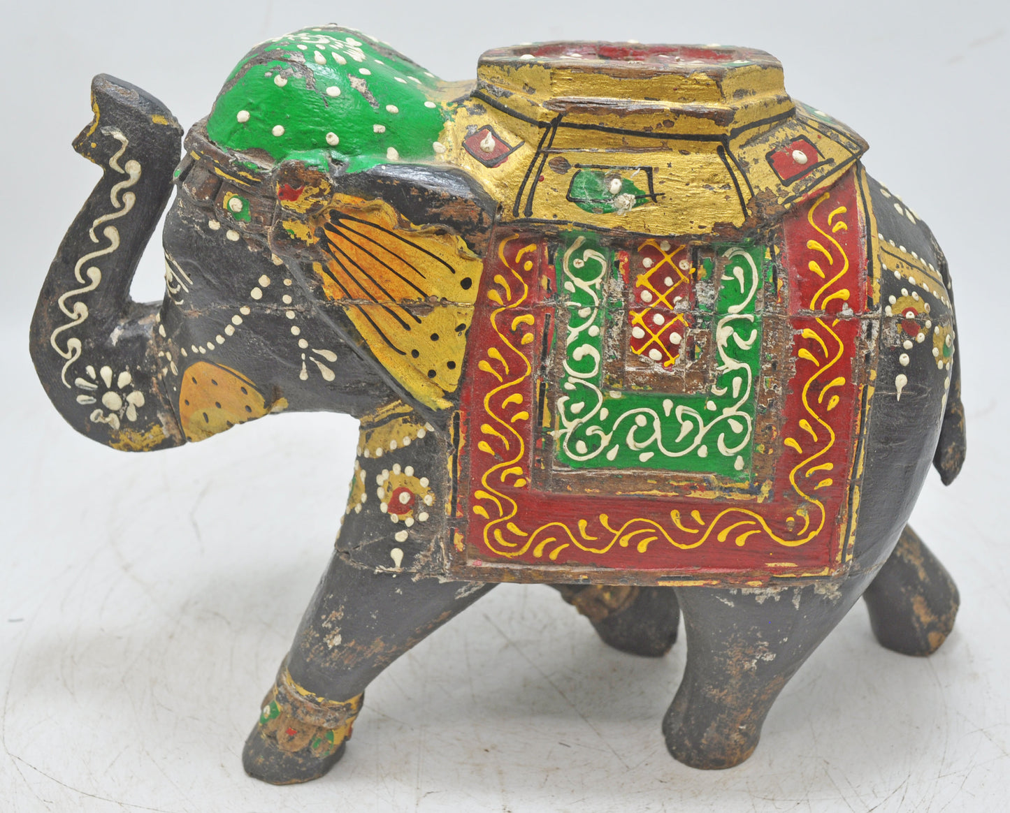 Vintage Wooden Elephant Figurine Original Old Hand Carved Painted