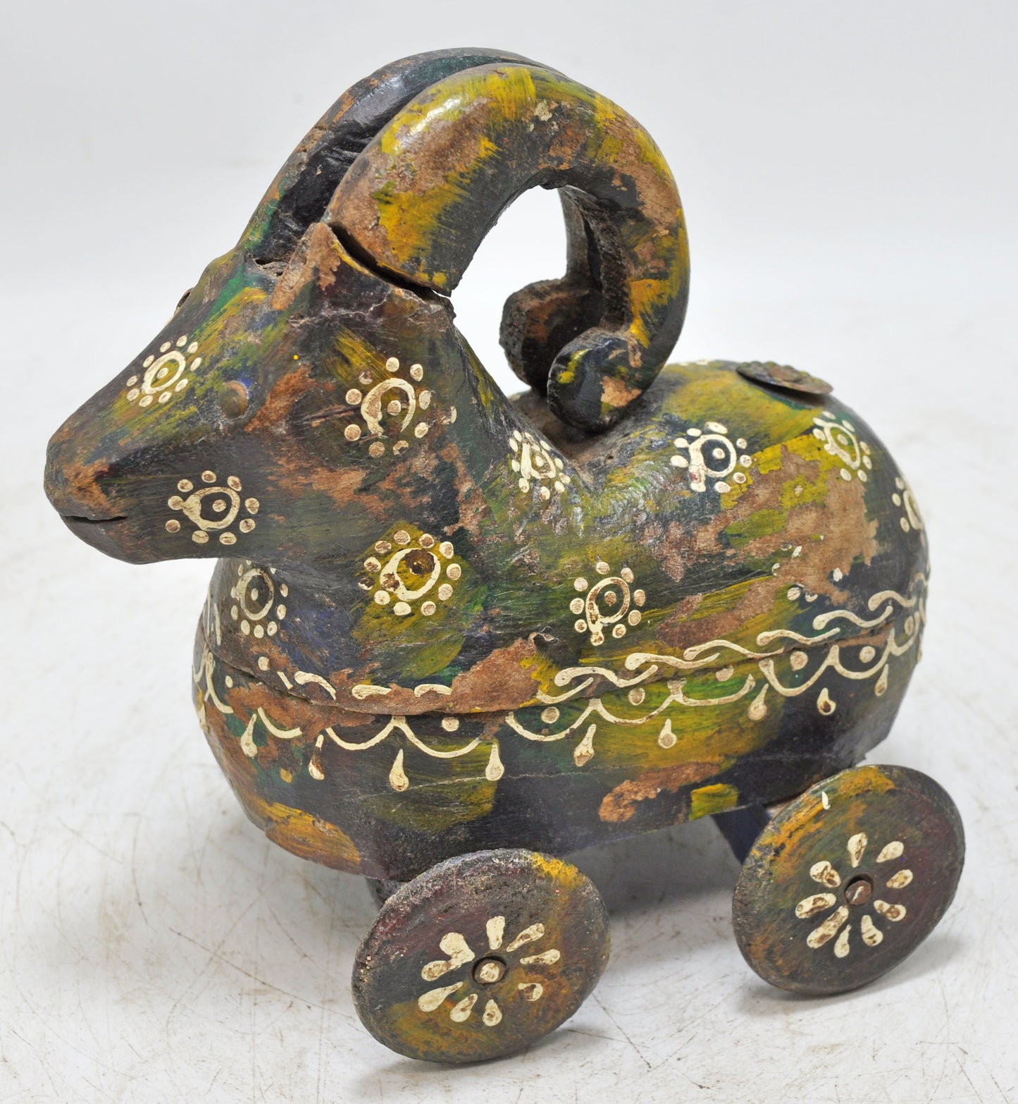 Vintage Wooden Small Ram Goat on Wheels Figurine Original Old Carved Painted