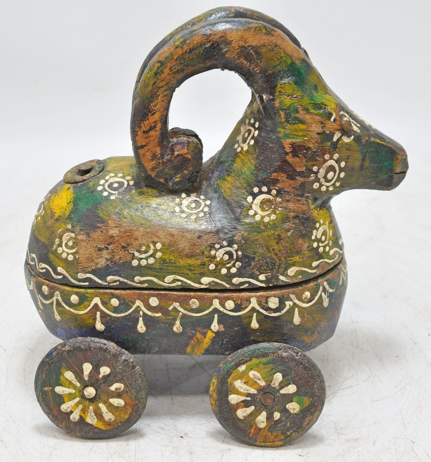 Vintage Wooden Small Ram Goat on Wheels Figurine Original Old Carved Painted