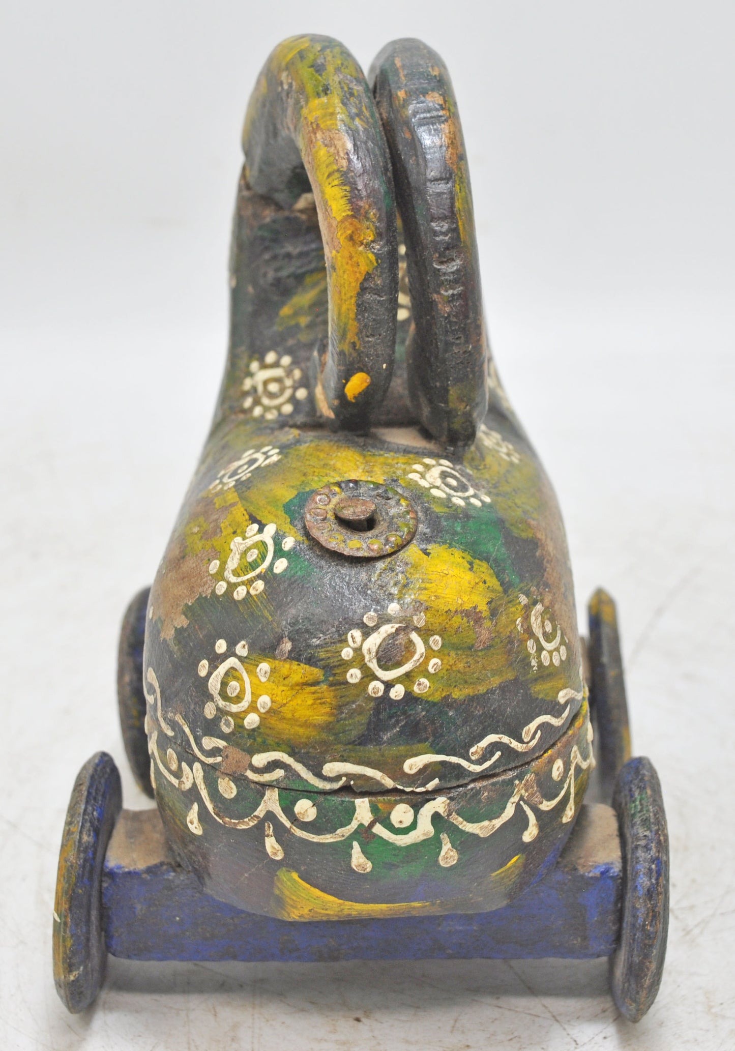 Vintage Wooden Small Ram Goat on Wheels Figurine Original Old Carved Painted