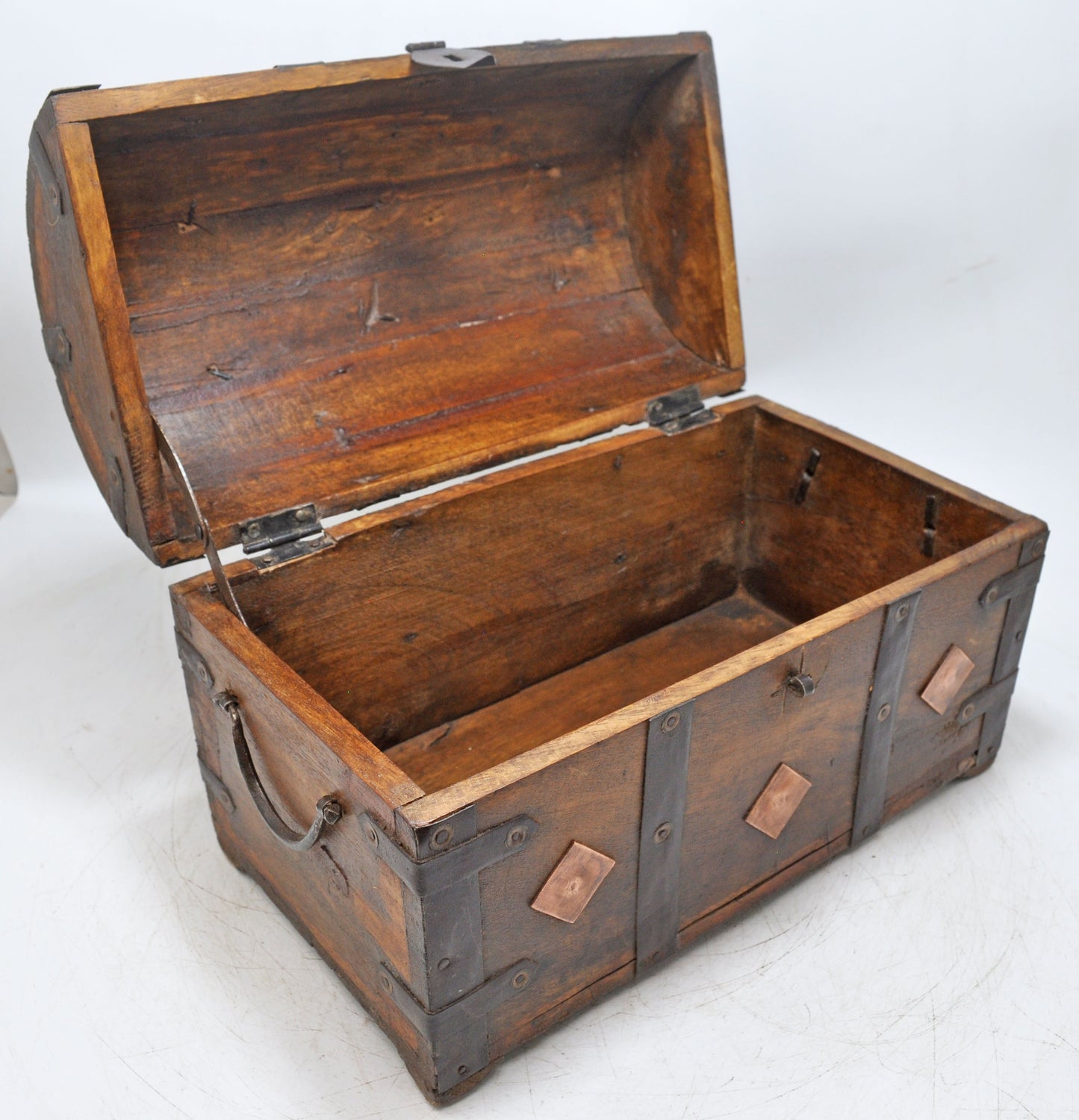 Vintage Wooden Half Round Top Storage Box Original Old Copper Fitted