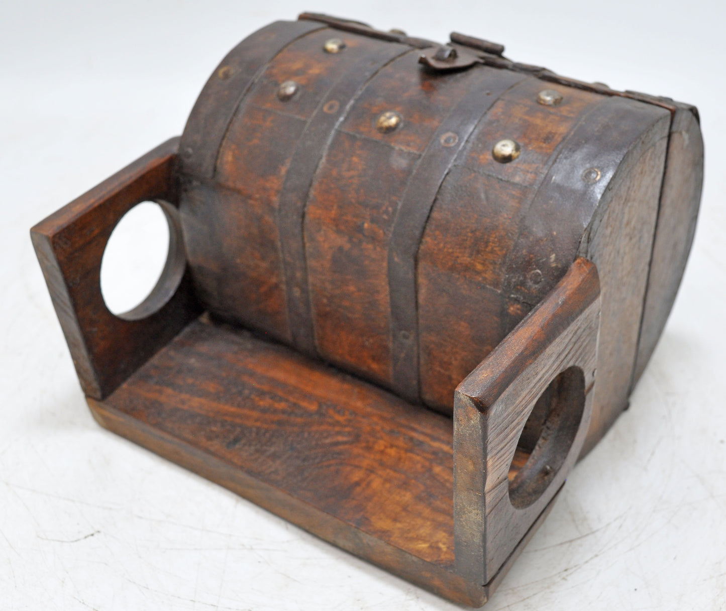 Vintage Wooden Round Storage Chest Box on Stand Original Old Metal Fitted