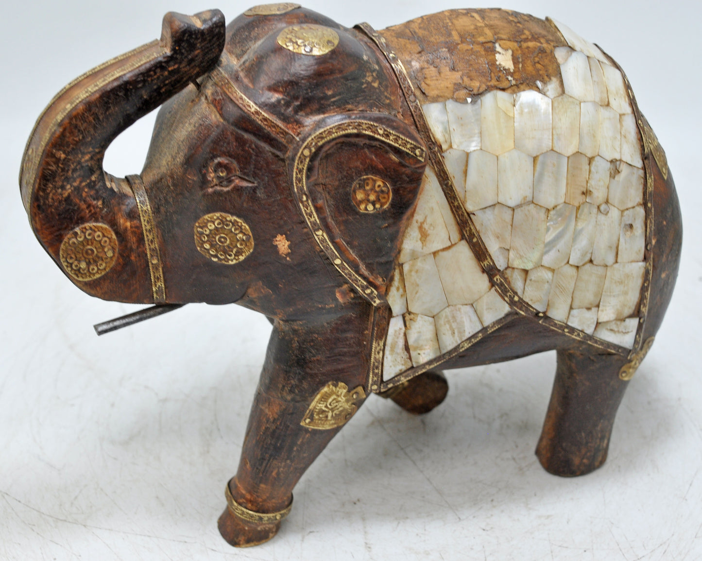 Vintage Wooden Elephant Figurine Original Old Mother of Pear Fitted Hand Carved