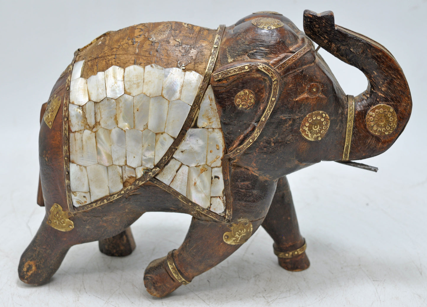 Vintage Wooden Elephant Figurine Original Old Mother of Pear Fitted Hand Carved