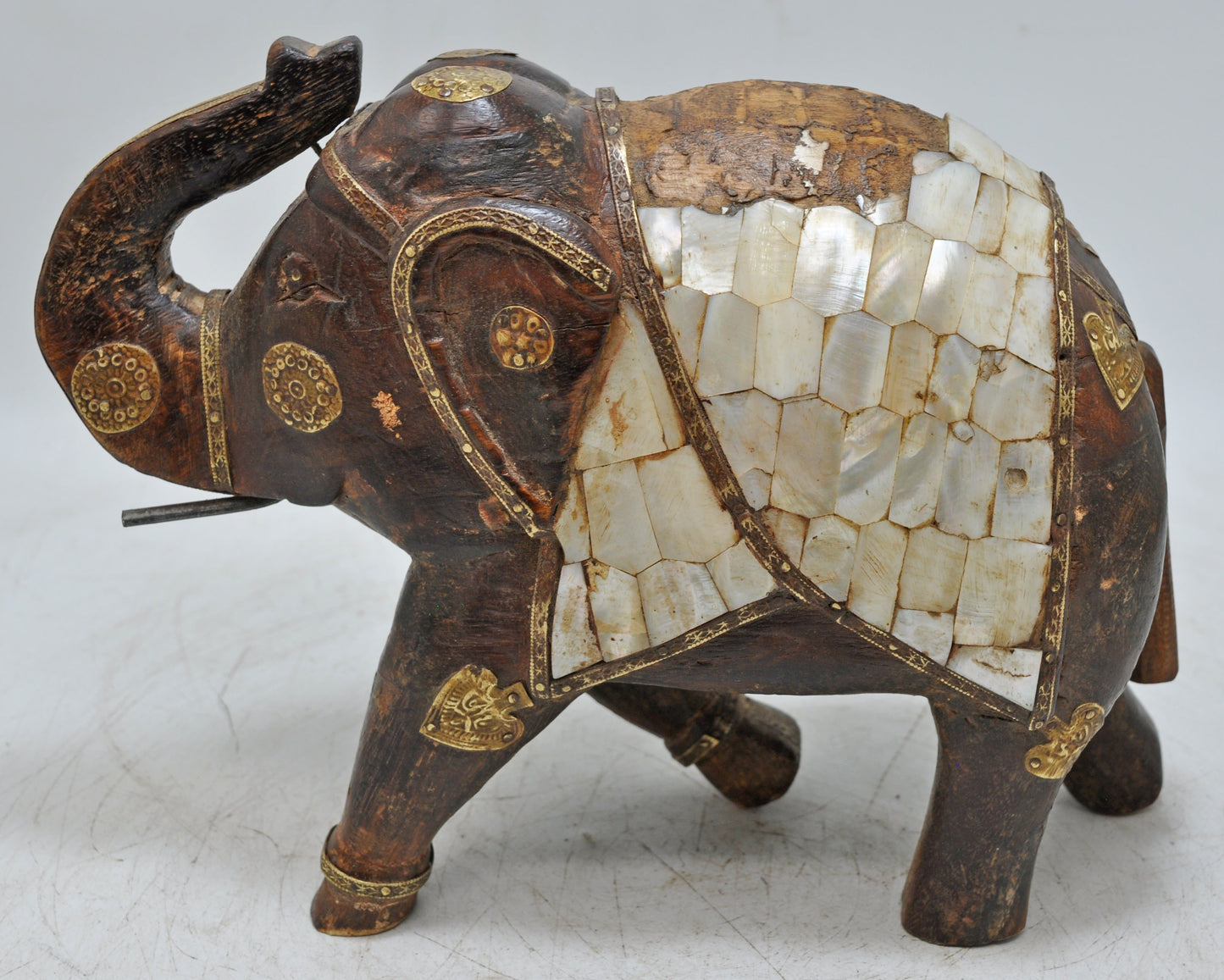 Vintage Wooden Elephant Figurine Original Old Mother of Pear Fitted Hand Carved