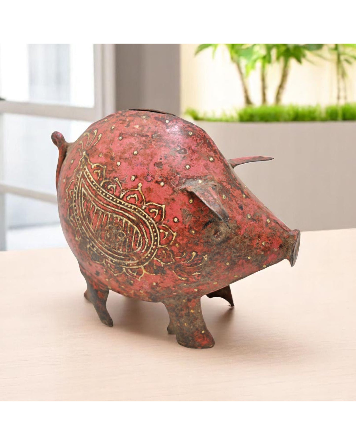 Vintage Iron Small Pig Shaped Piggy Bank Coin Box Original Old Hand Crafted