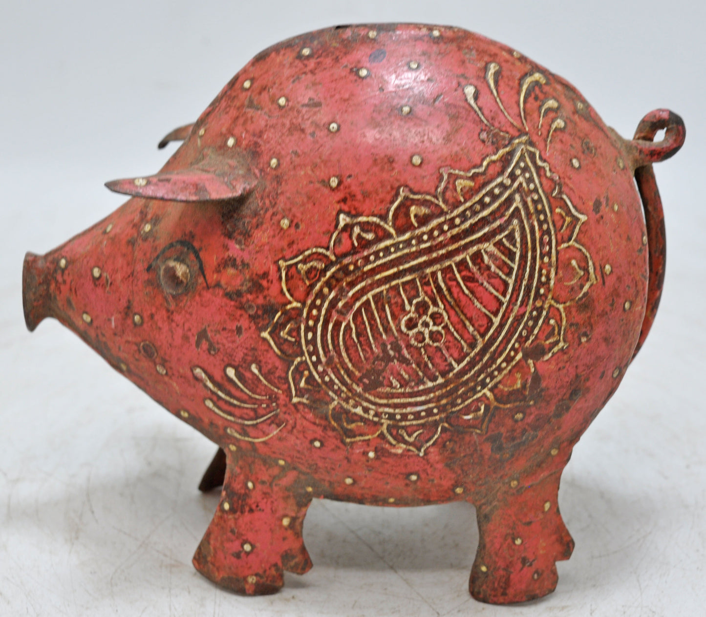 Vintage Iron Small Pig Shaped Piggy Bank Coin Box Original Old Hand Crafted