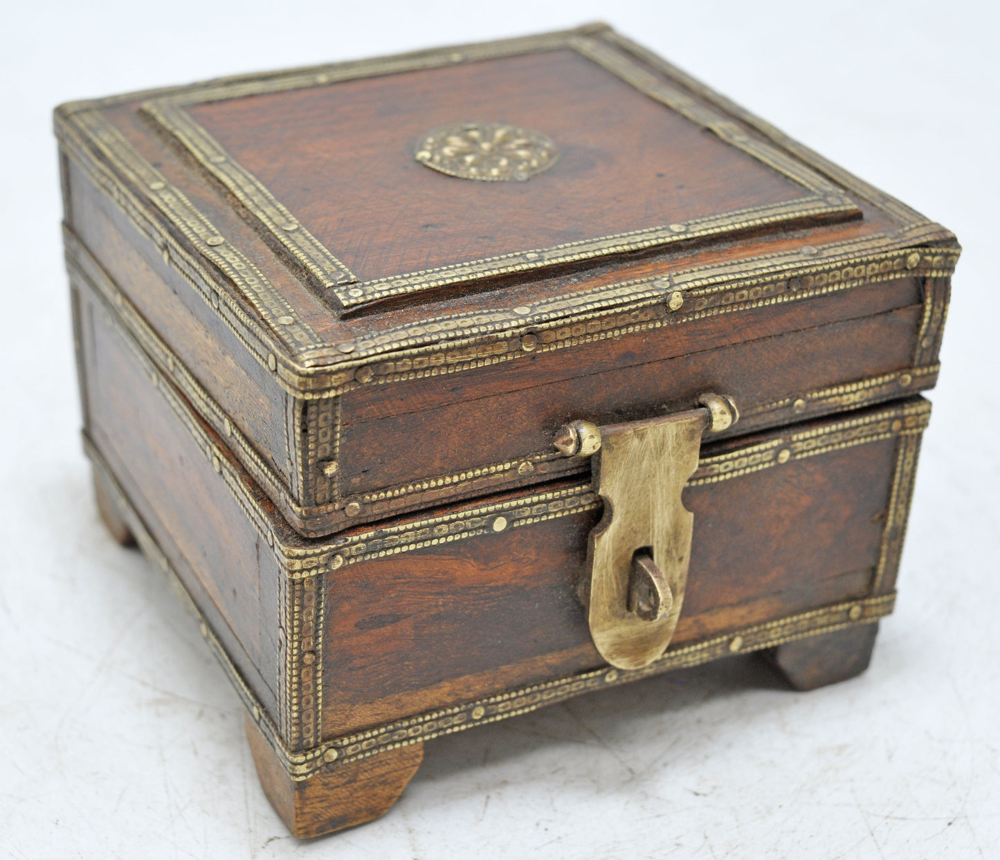 Vintage Wooden Square Jewelery Storage Box Original Old Brass Fitted