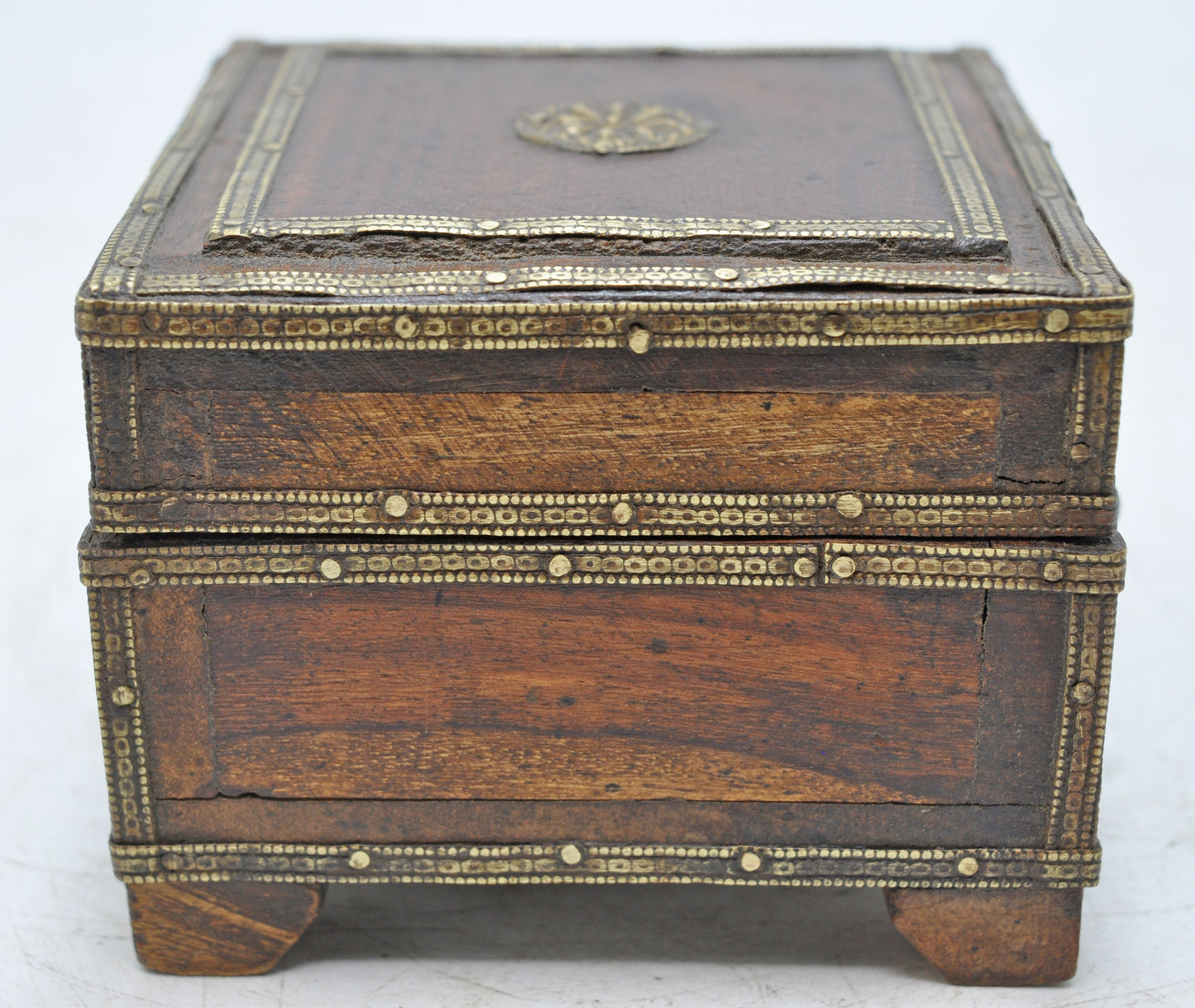 Vintage Wooden Square Jewelery Storage Box Original Old Brass Fitted