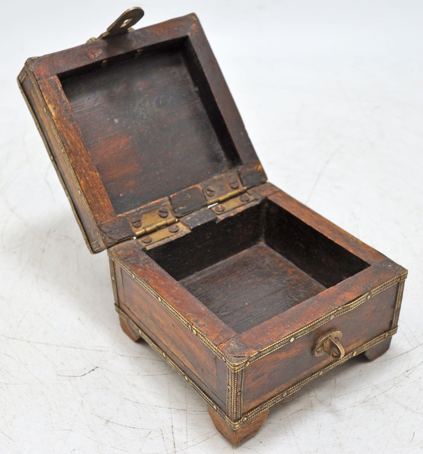 Vintage Wooden Square Jewelery Storage Box Original Old Brass Fitted