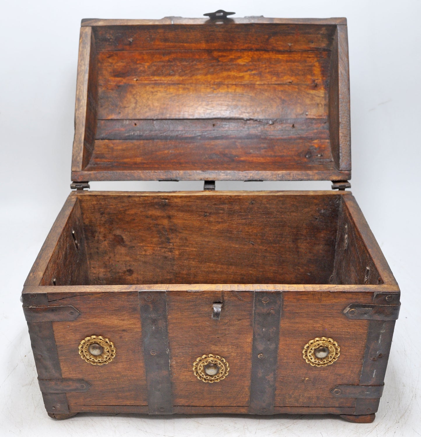 Vintage Wooden Half Round Storage Box Original Old Hand Crafted Metal Fitted