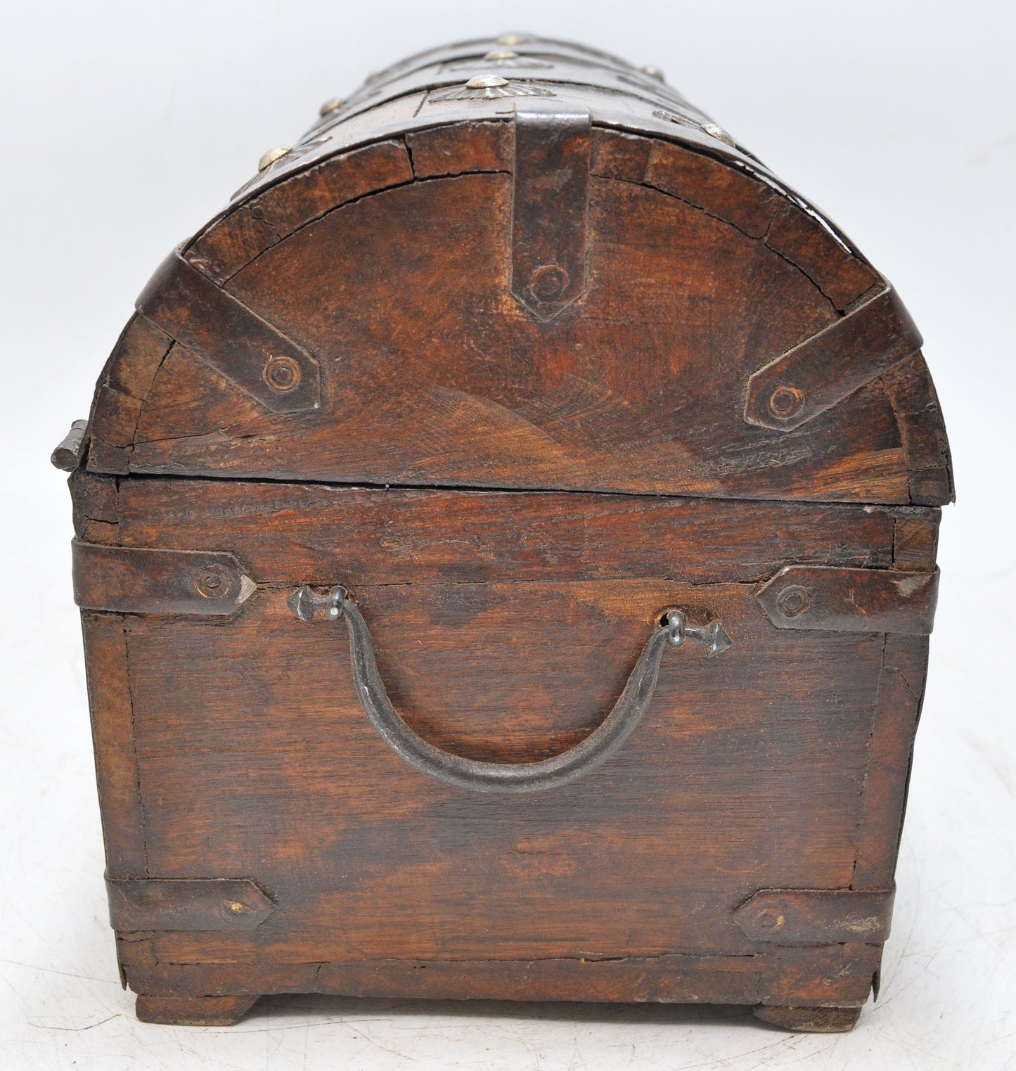 Vintage Wooden Half Round Storage Box Original Old Hand Crafted Metal Fitted