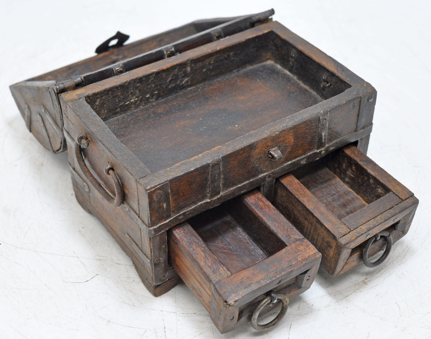 Vintage Wooden Half Round Storage Box Original Old Hand Crafted Metal Fitted
