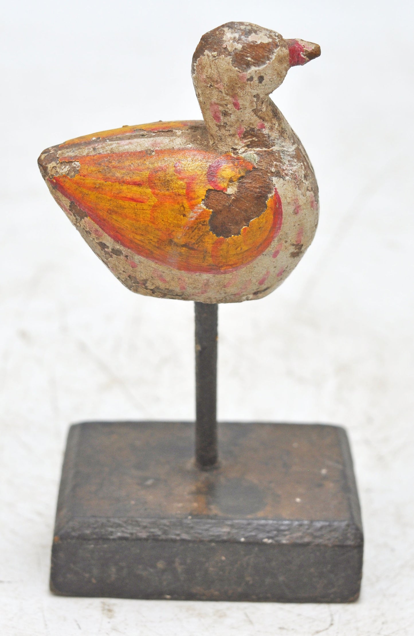 Vintage Wooden Small Duck Figurine on Stand Original Old Hand Carved Painted