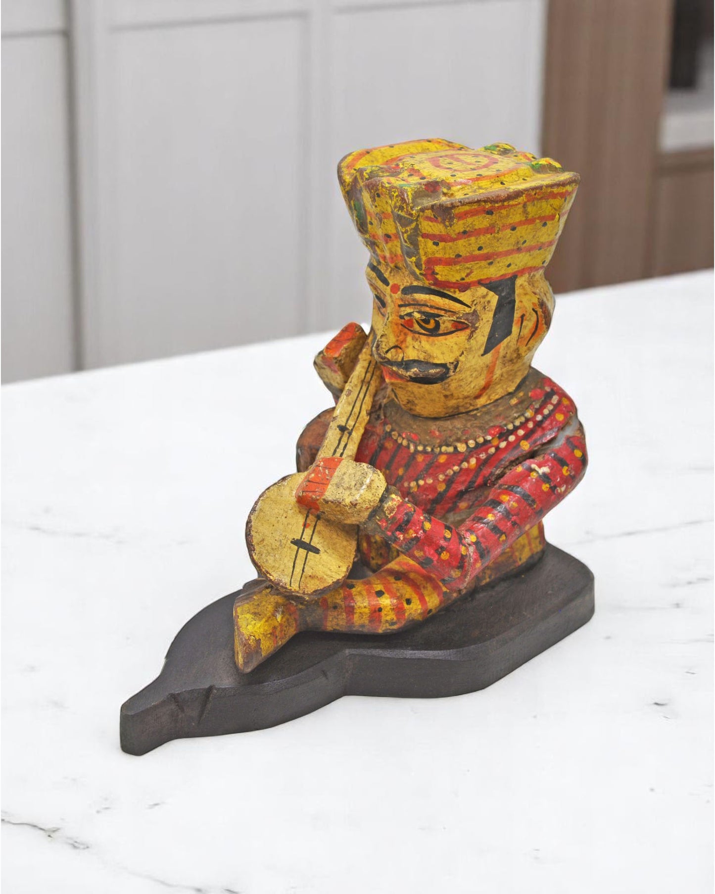 Vintage Wooden Musician Man Figurine Original Old Hand Carved Painted