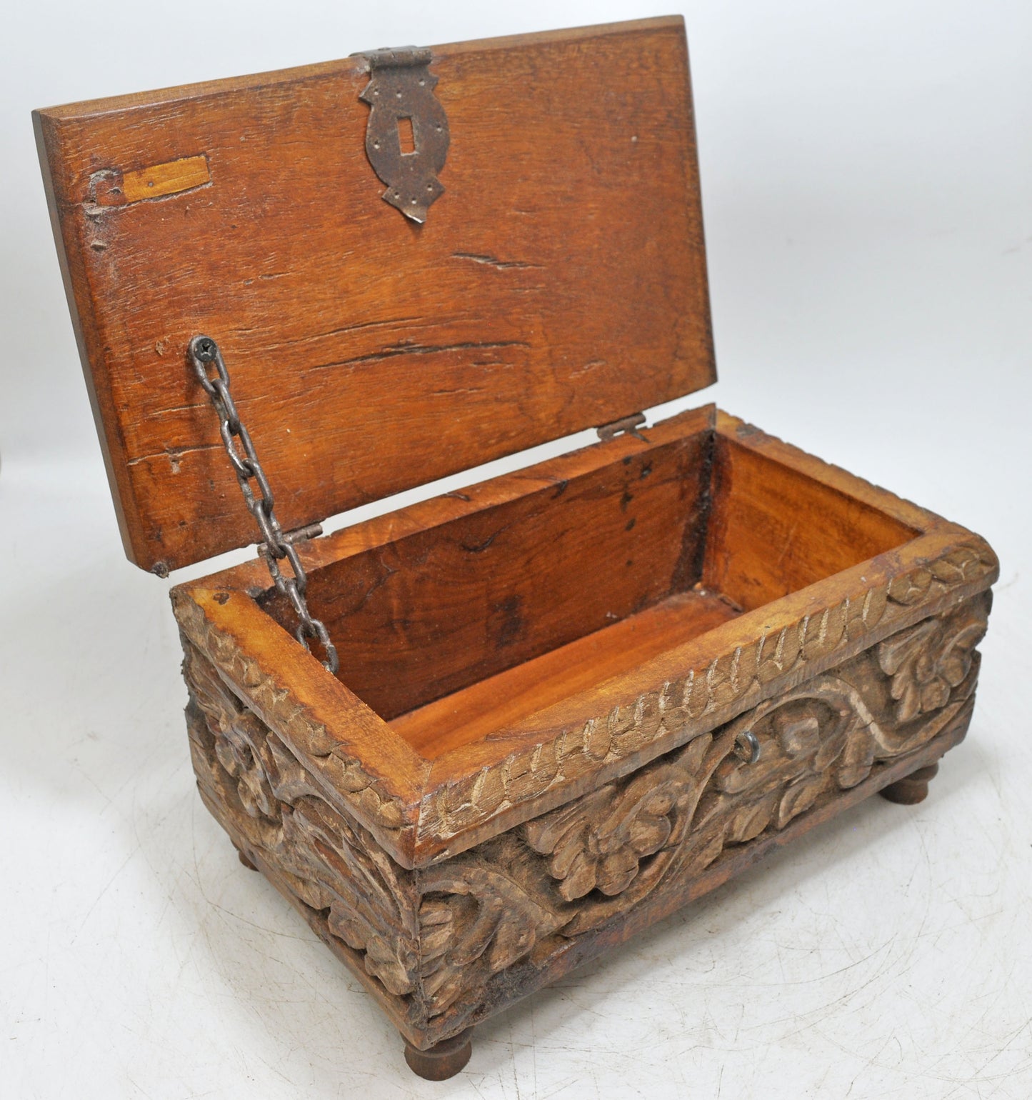 Antique Wooden Storage Chest Box Original Old Fine Hand Carved Metal Fitted