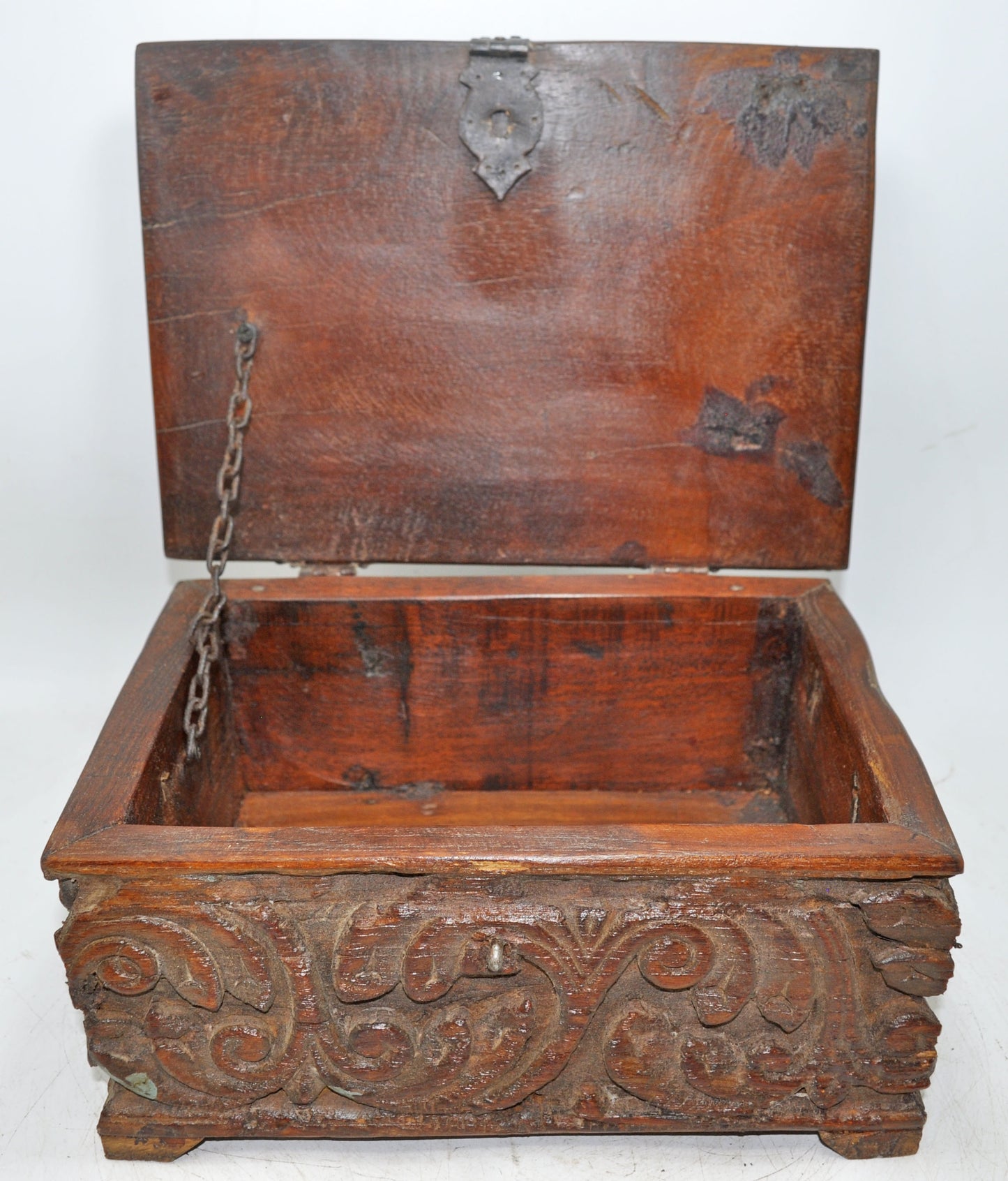 Antique Wooden Storage Chest Box Original Old Fine Hand Carved Metal Fitted